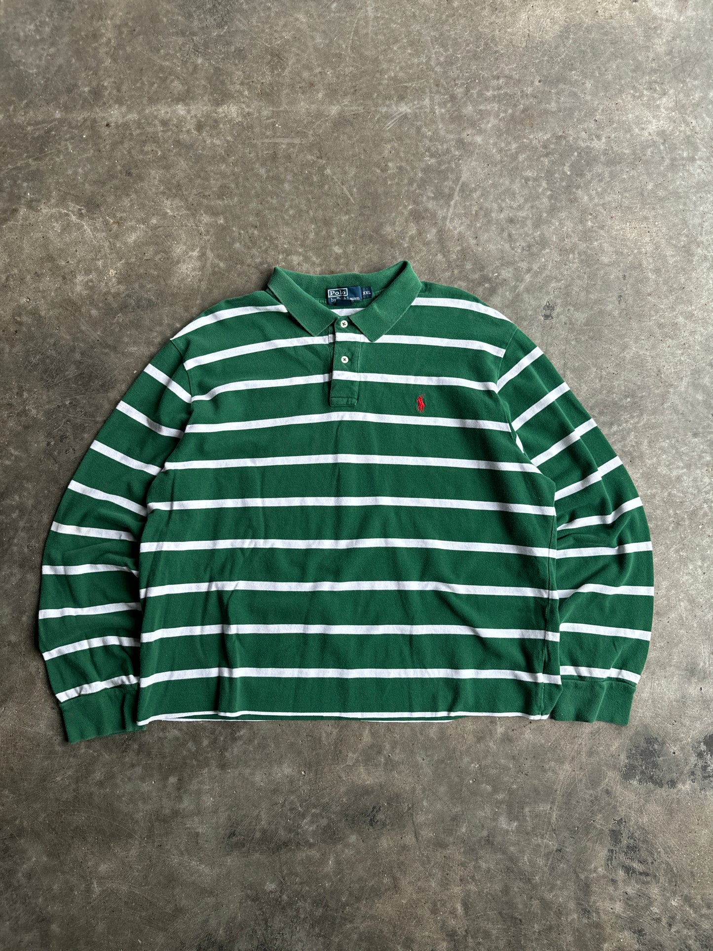 Vintage Green Cropped Striped Polo Long Sleeve Shirt - L