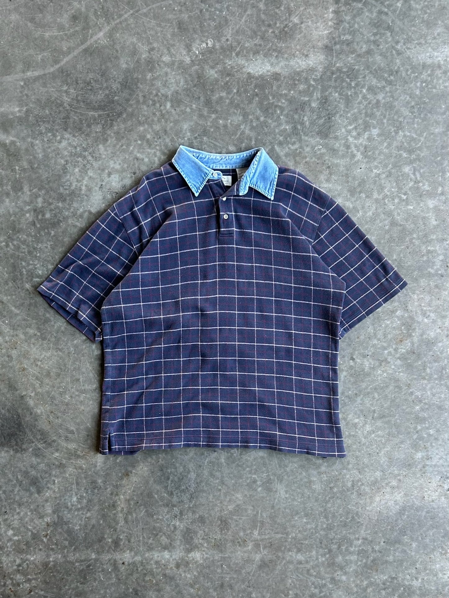 Vintage Navy Denim Ridge Plaid Polo - XL