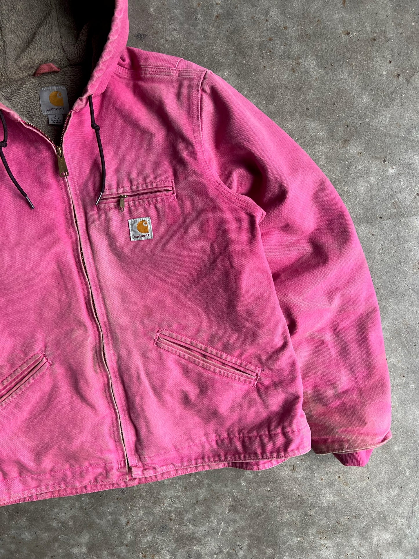 Vintage Pink Fleece Lined Hooded Carhartt Jacket - S