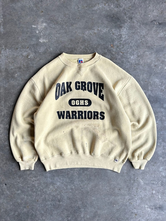 Vintage Pale Yellow Oak Grove Warriors Russell Crew - L