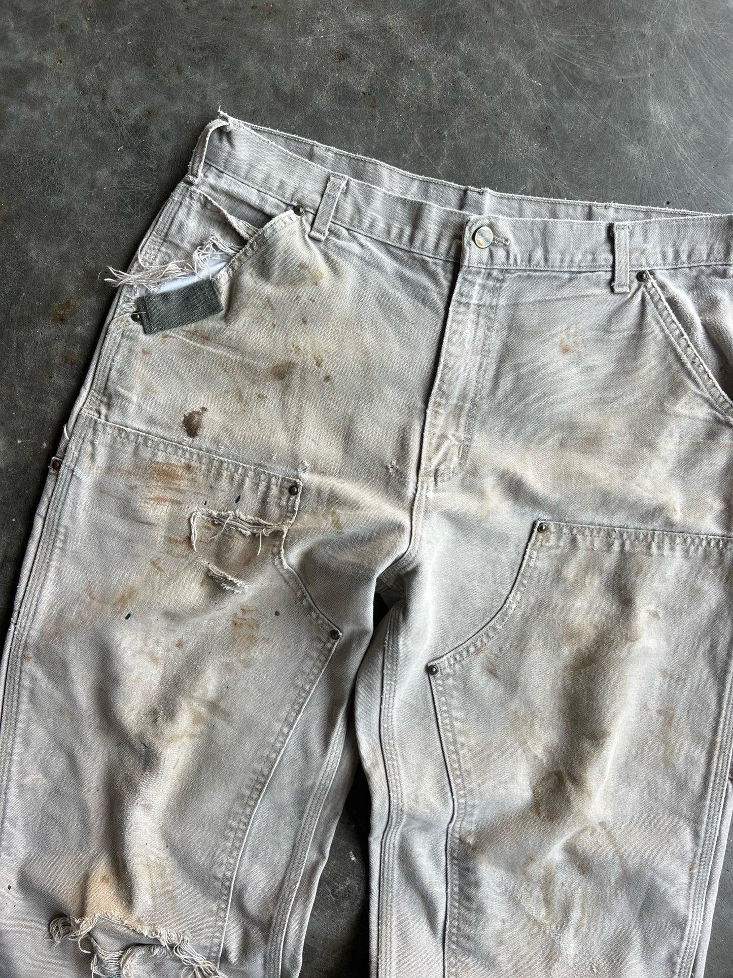 Vintage Cream Painted Distressed Carhartt Double Knee Pants - 36