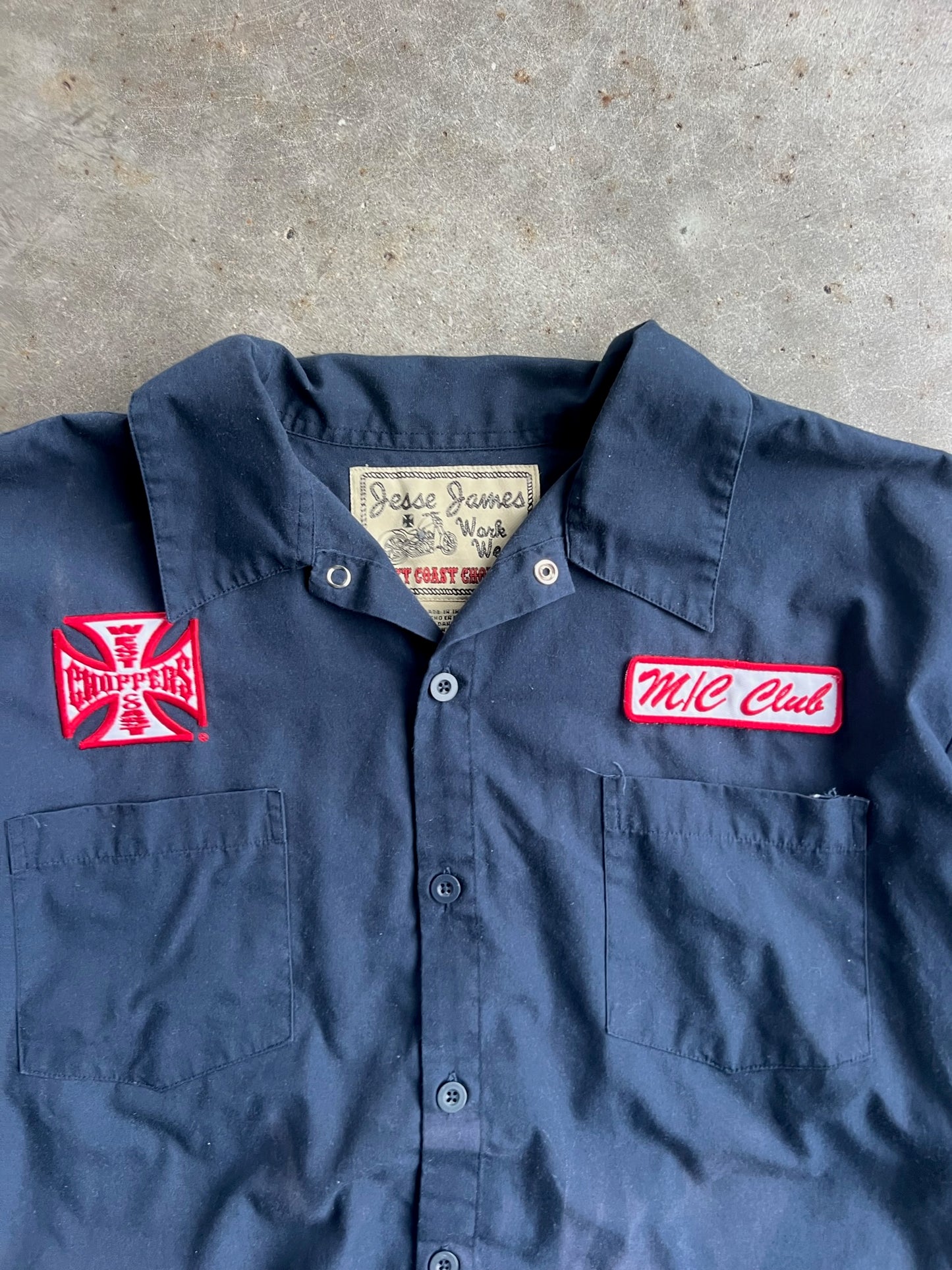 Vintage Navy Cropped West Coast Choppers Button Up Shirt - XL