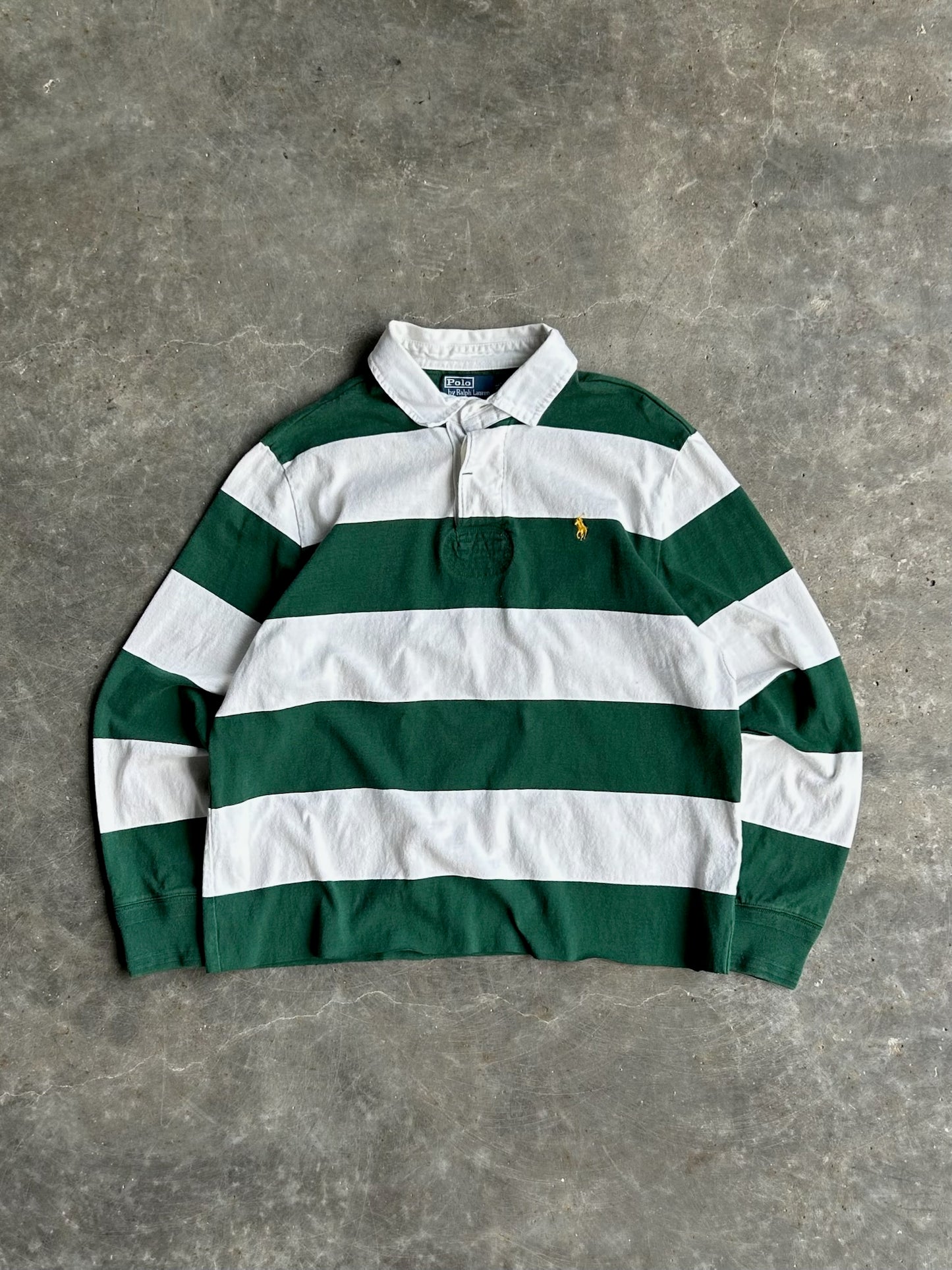 Vintage Green Striped Cropped Polo Rugby Long Sleeve - XL