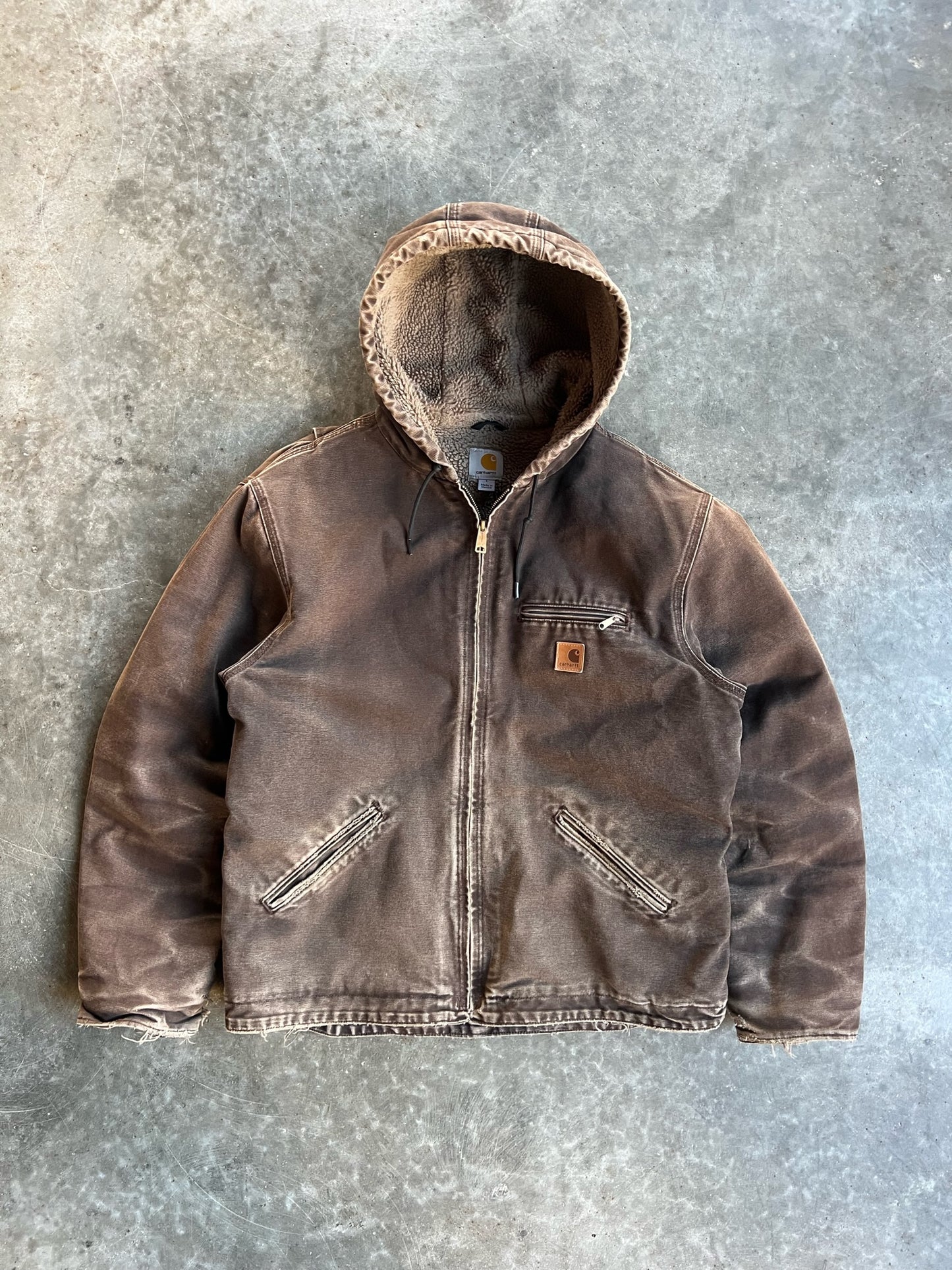 Vintage Faded Brown Sherpa Lined Hooded Carhartt Jacket - L