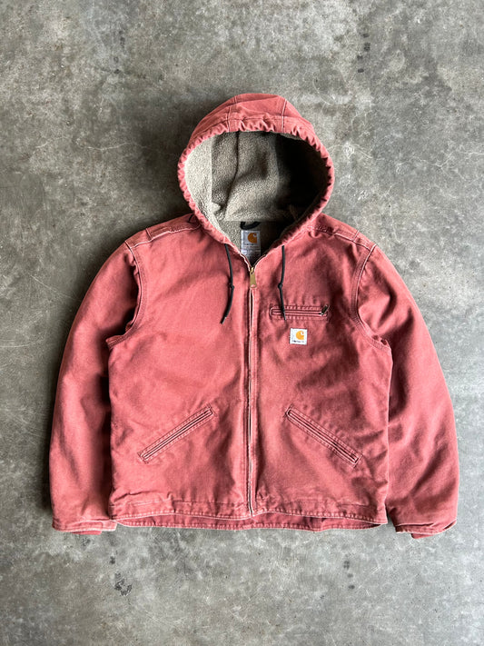 Vintage Salmon Pink Sherpa Lined Hooded Carhartt Jacket - L