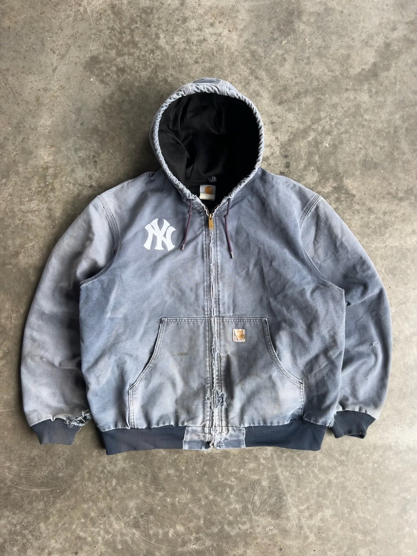 Vintage Faded Distressed Navy Yankees Hooded Carhartt Jacket - XL