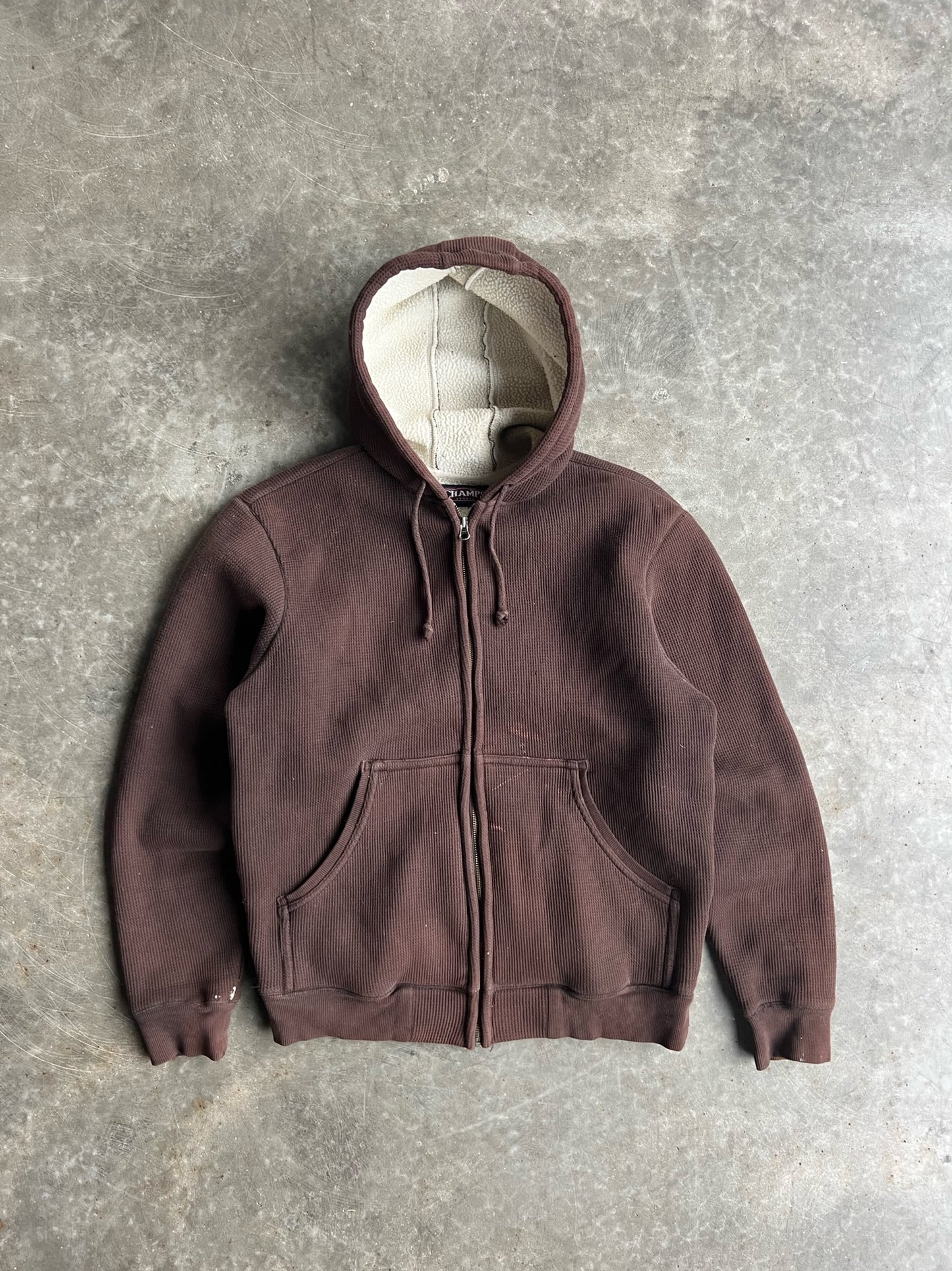 Vintage Brown Thermal Fleece Lined Champs Zip Up Hoodie - XL