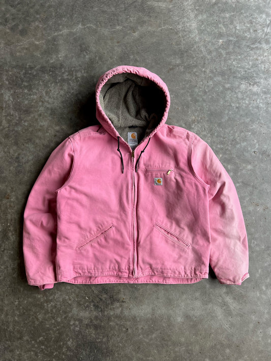 Vintage Baby Pink Sherpa Lined Hooded Carhartt Jacket - XL