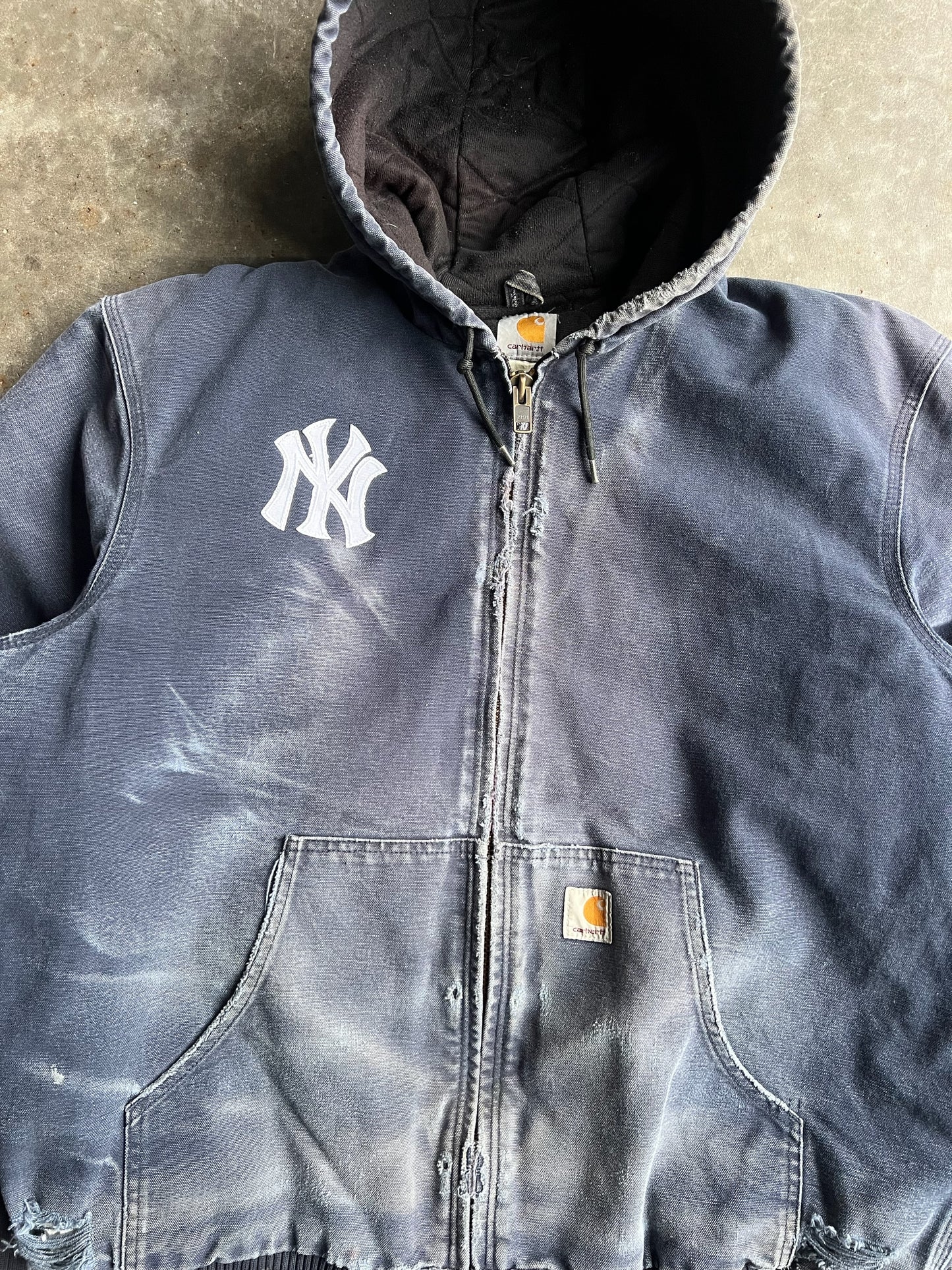 Vintage Faded Distressed Navy Yankees Hooded Carhartt Jacket - XL