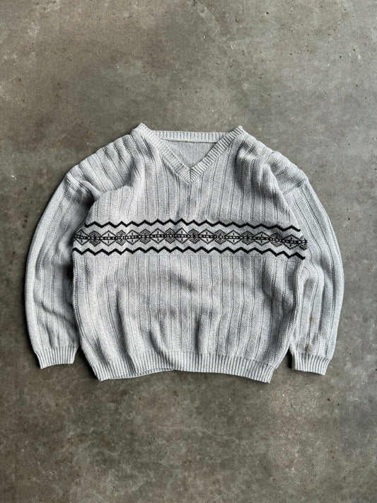 Vintage Grey Knit Patterned Sweater - XL