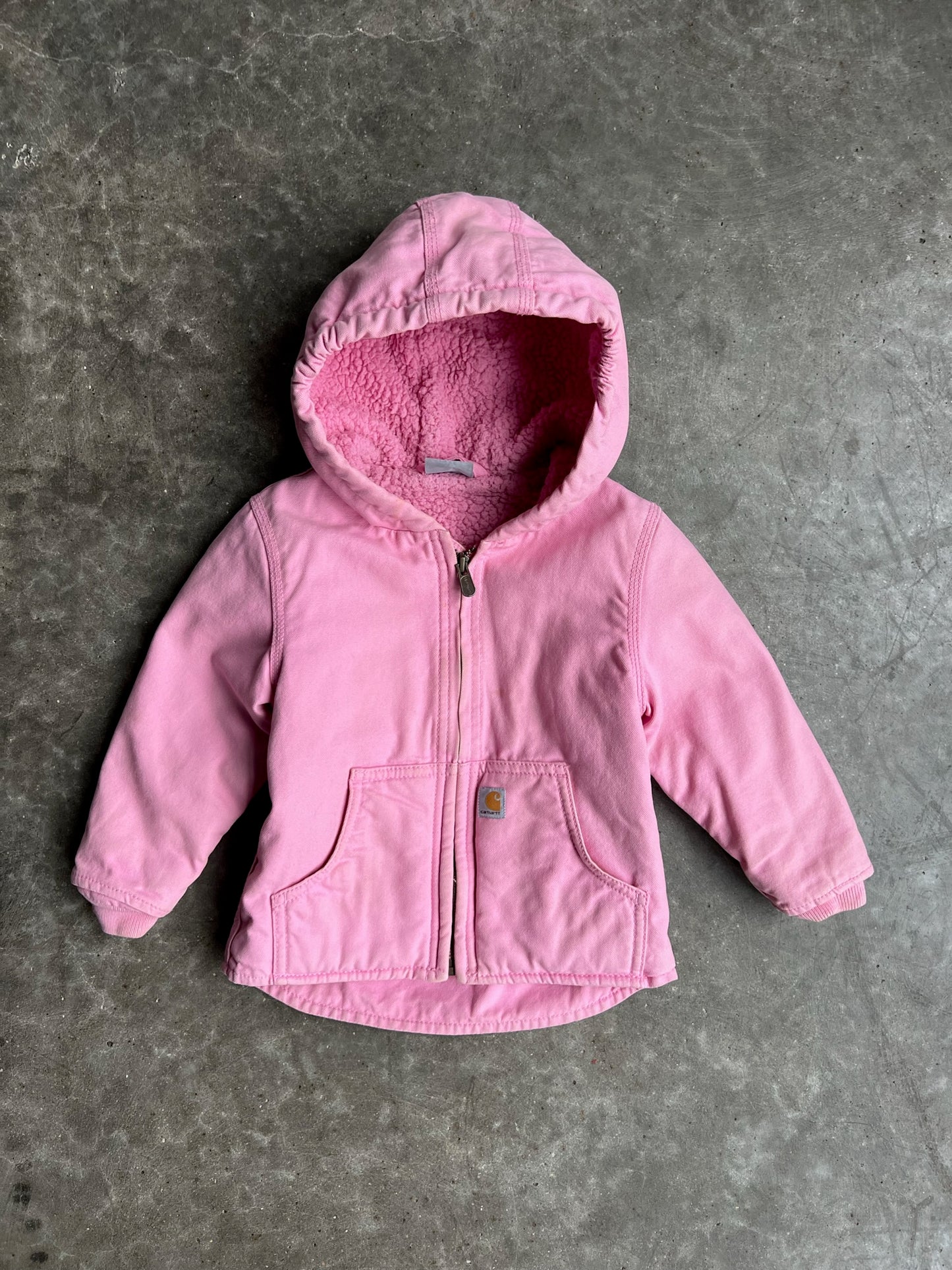 Vintage Baby Pink Sherpa Lined Hooded Carhartt Jacket - 24M