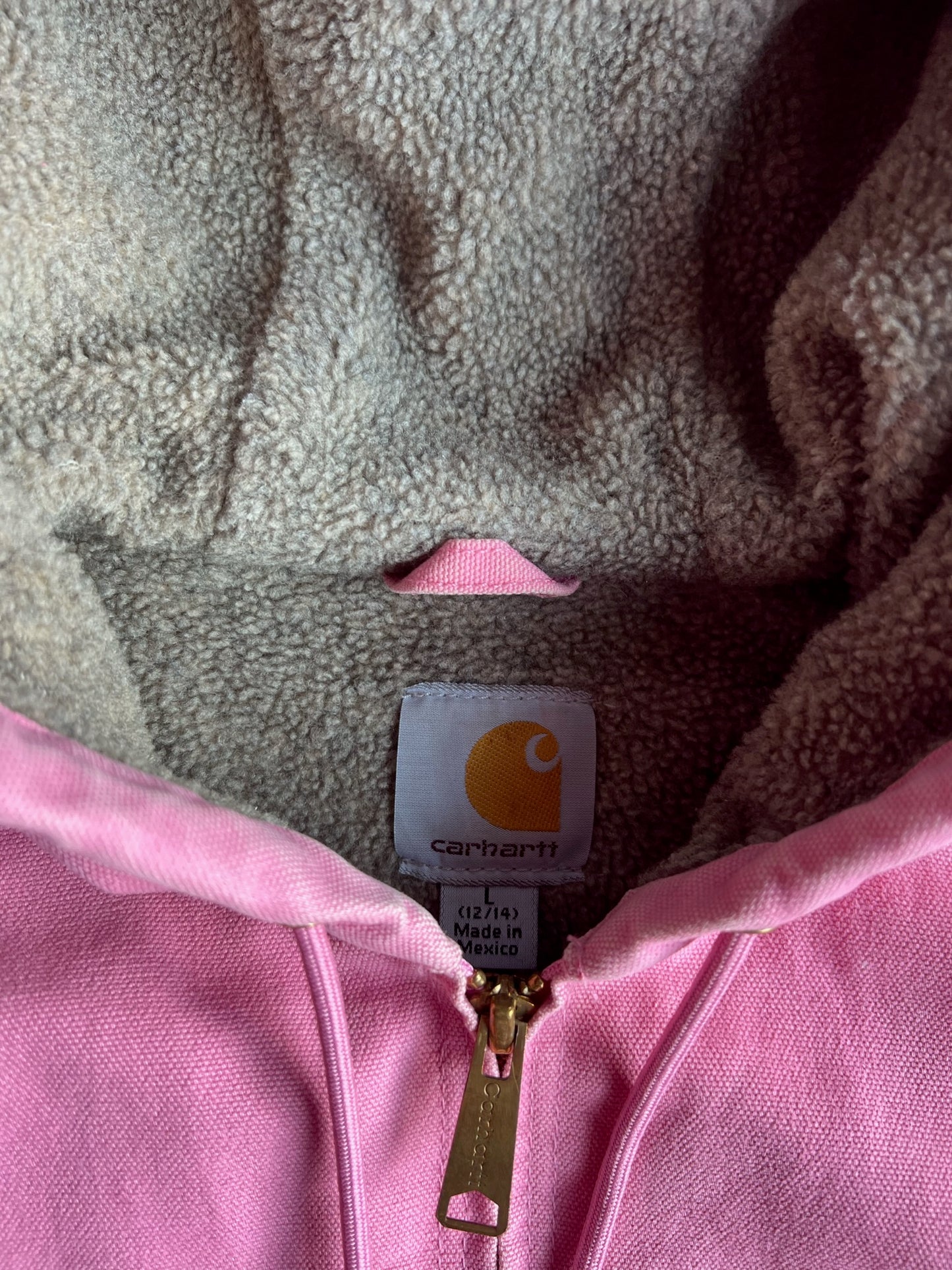 Baby Pink Sherpa Lined Hooded Carhartt Jacket - L