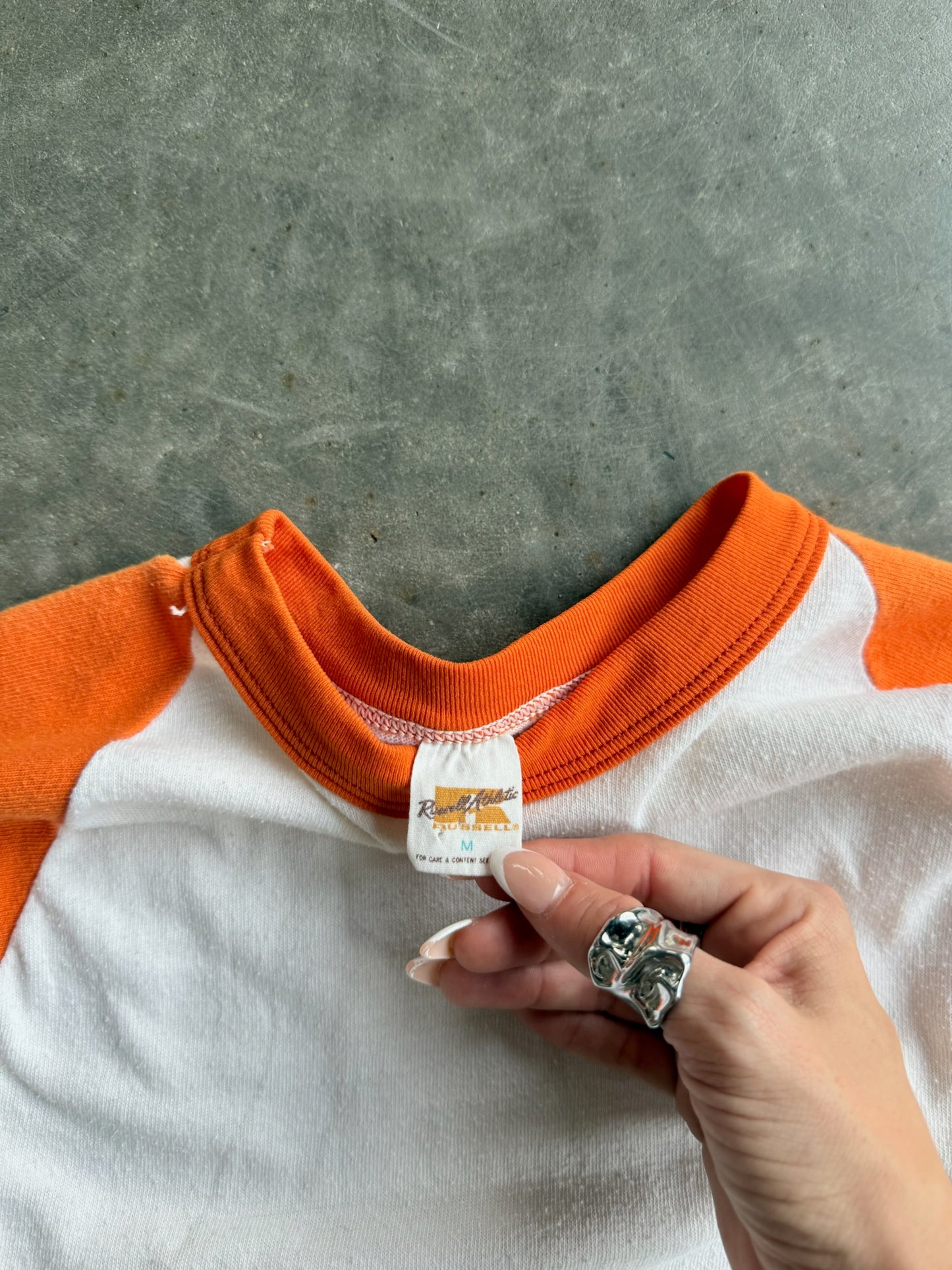 True Vintage Single Stitch White and Orange Cropped Quarter Sleeve - M