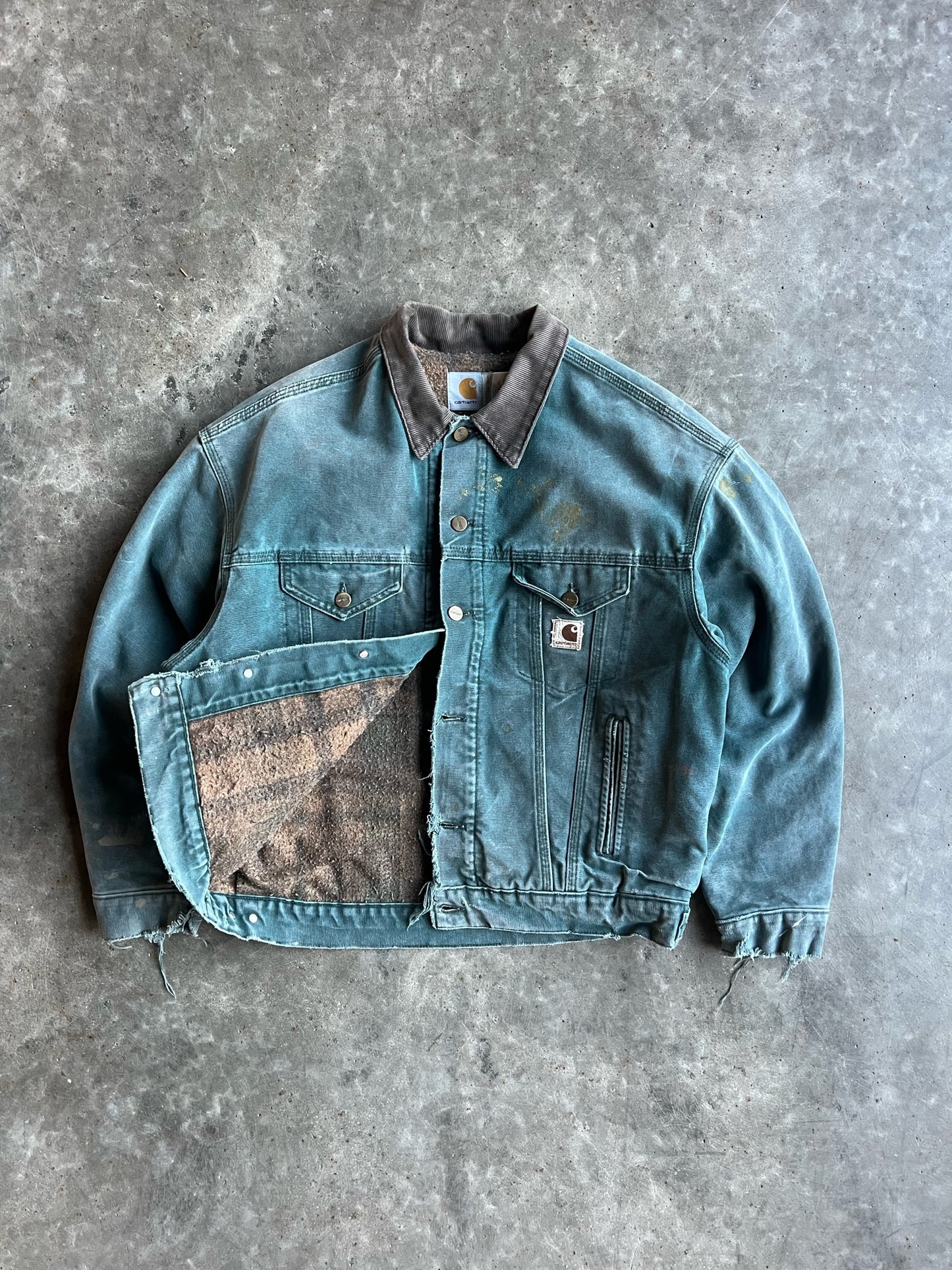 Vintage Faded Blue Green Flannel Lined Button Up Carhartt Jacket - L