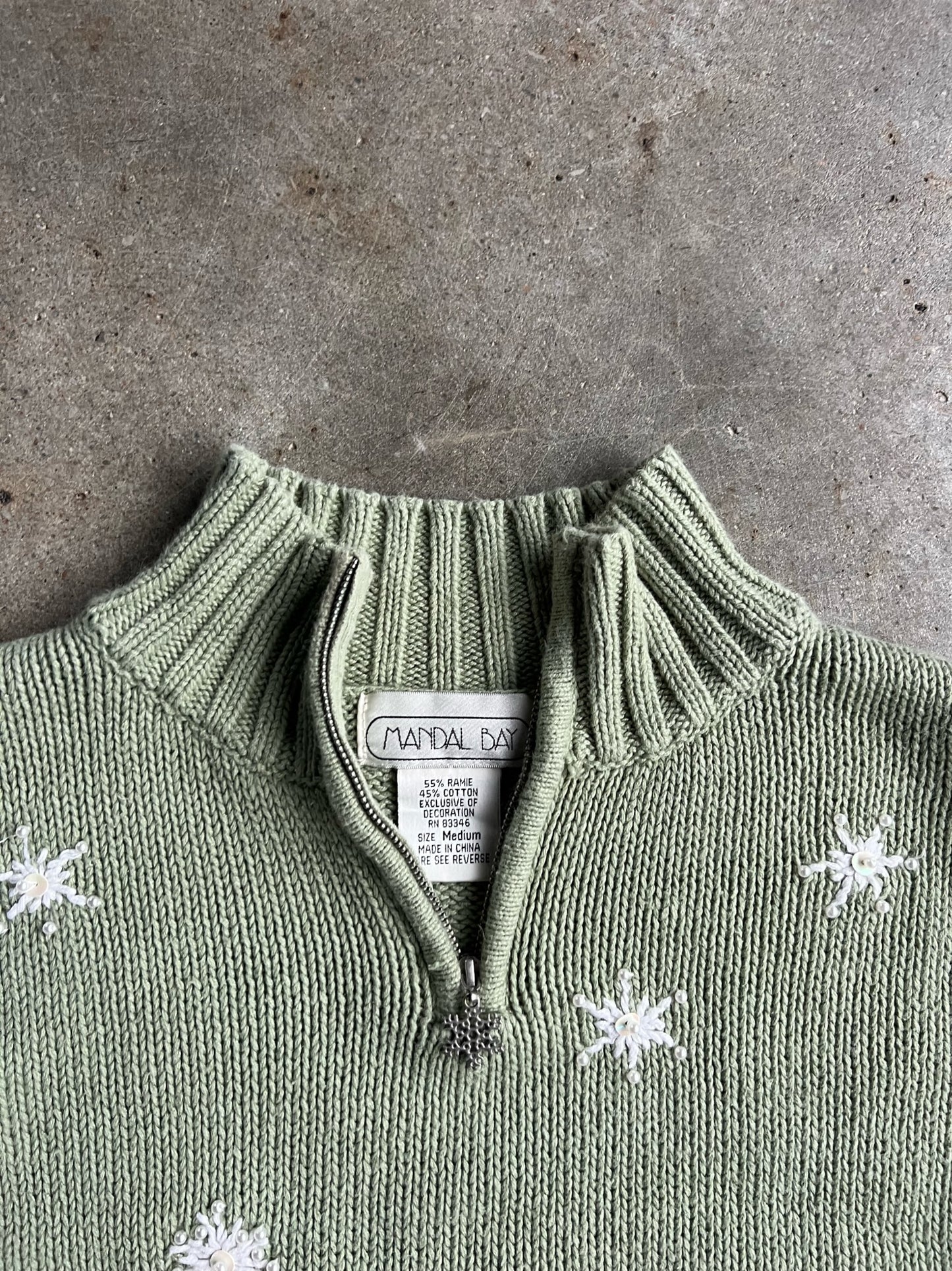 Vintage Light Green Snowman Quarter Zip Sweater - M