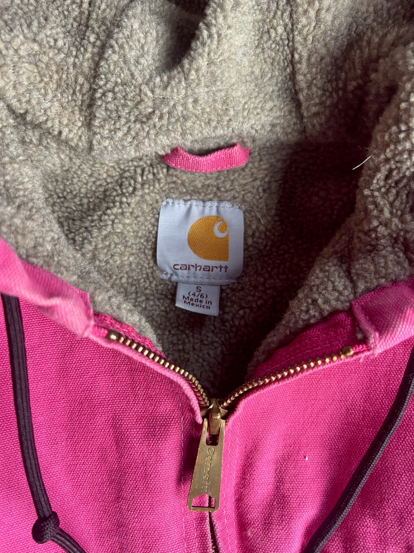 Vintage Pink Sherpa Lined Hooded Carhartt Jacket - S