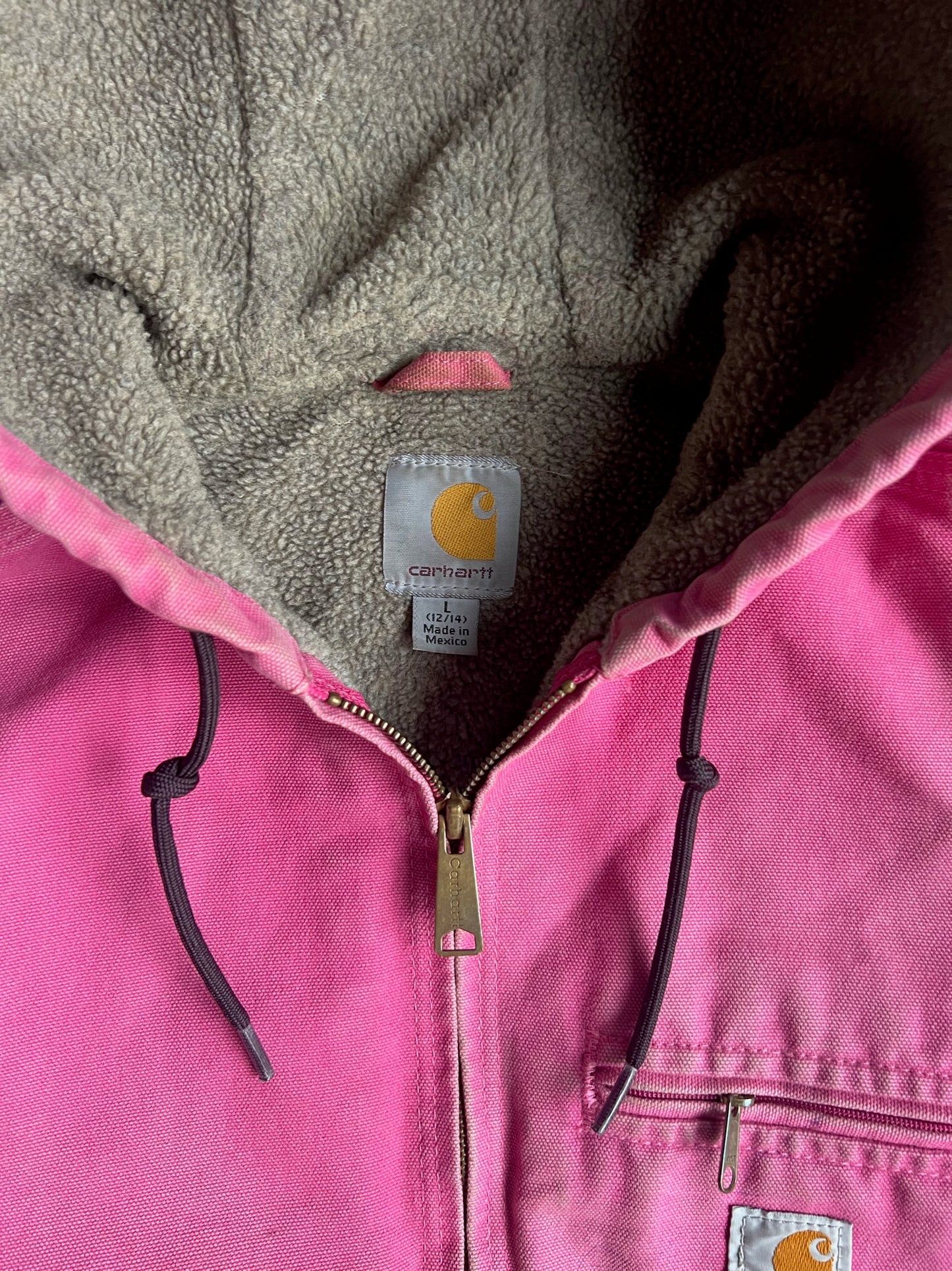 Vintage Pink Fleece Lined Hooded Carhartt Jacket - S