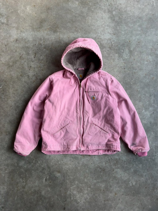 Faded Baby Pink Sherpa Lined Hooded Carhartt Jacket - XL