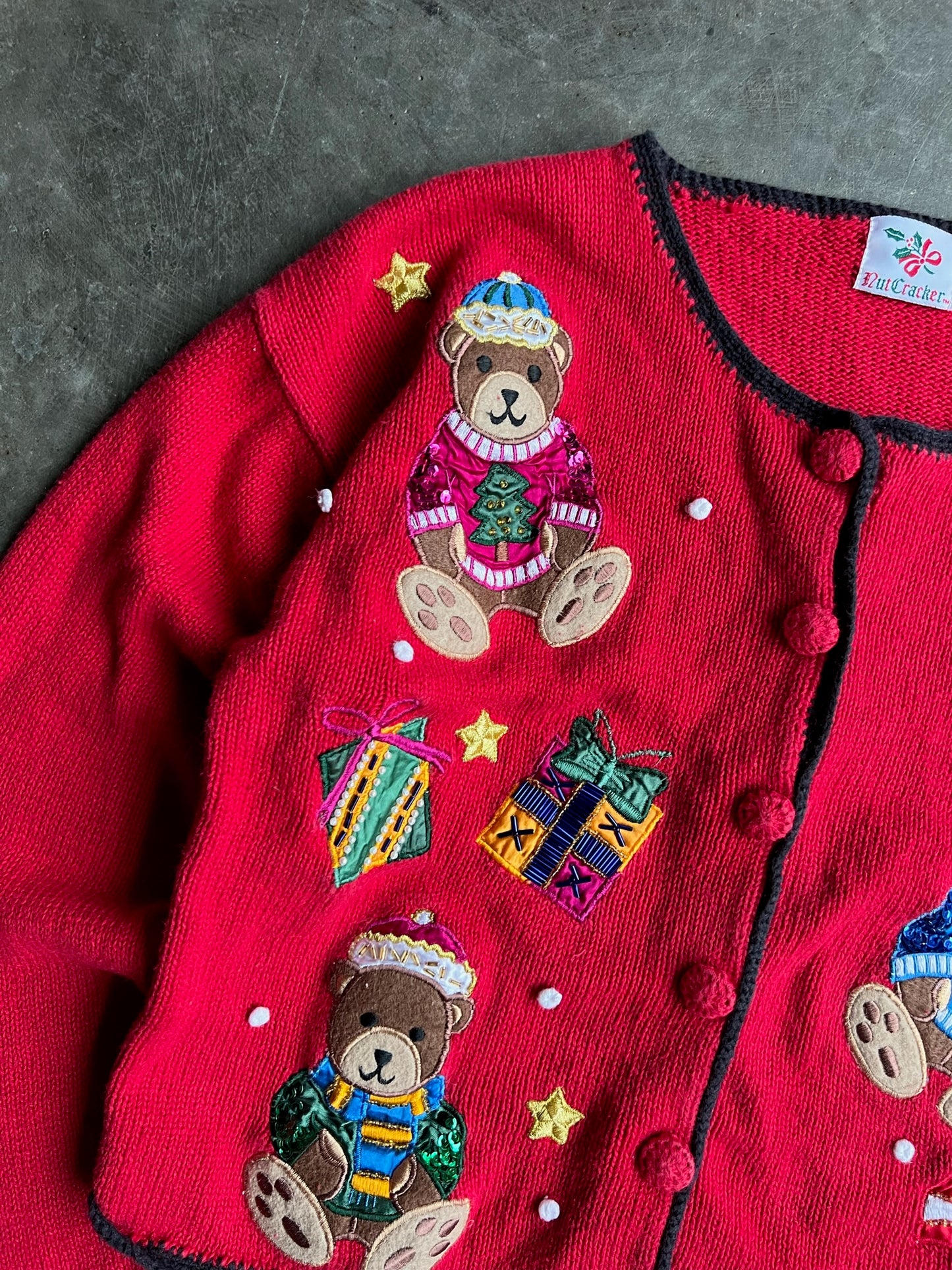 Vintage Red Embroidered Button Up Christmas Sweater - S