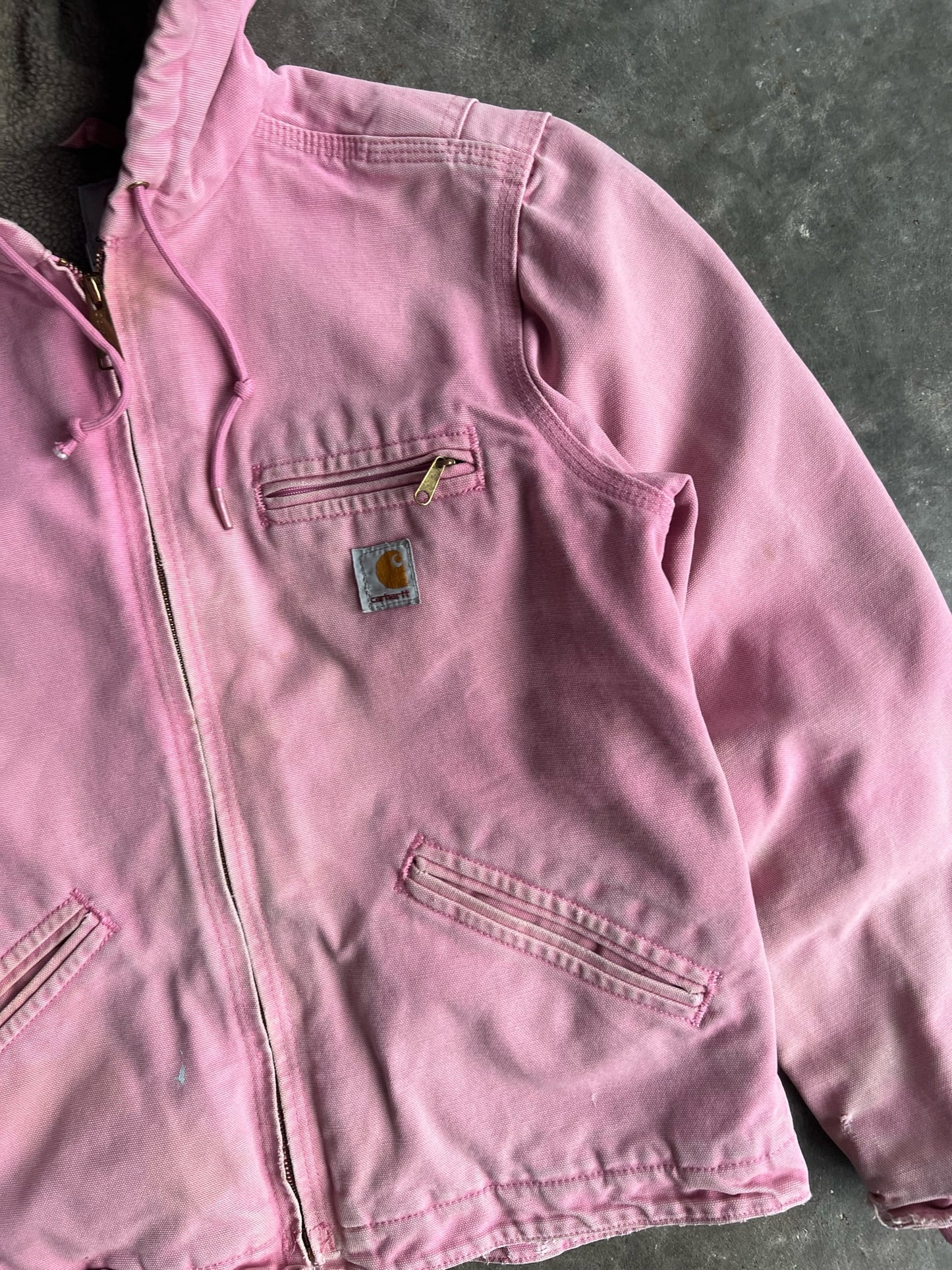 Vintage Faded Baby Pink Sherpa Lined Hooded Carhartt Jacket - S