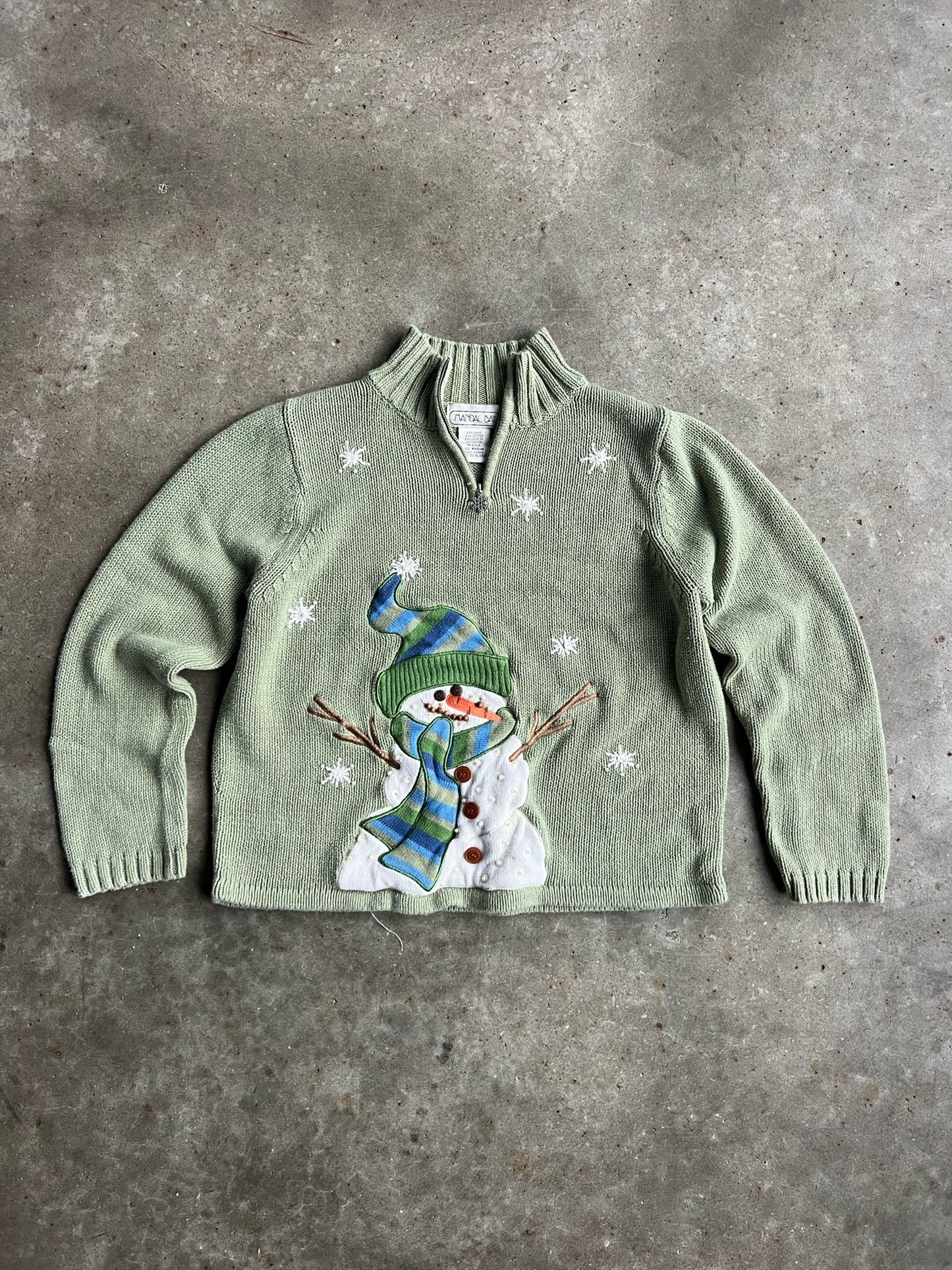 Vintage Light Green Snowman Quarter Zip Sweater - M