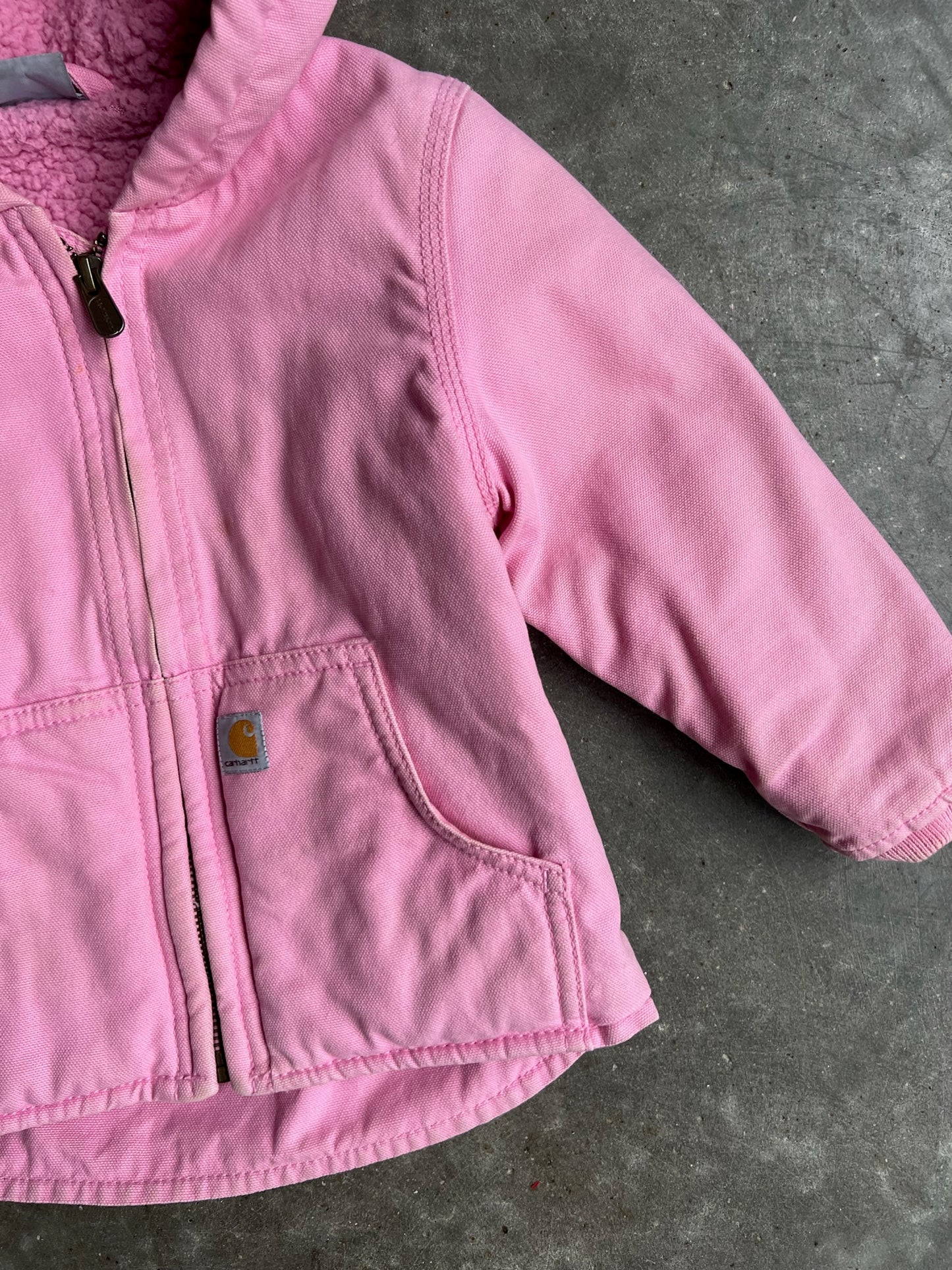 Vintage Baby Pink Sherpa Lined Hooded Carhartt Jacket - 24M