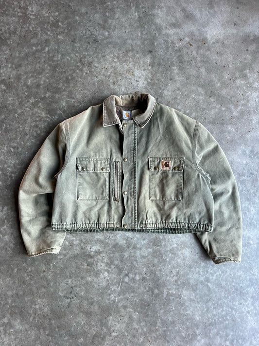 Vintage Faded Green Flannel Lined Cropped Carhartt Jacket - XL