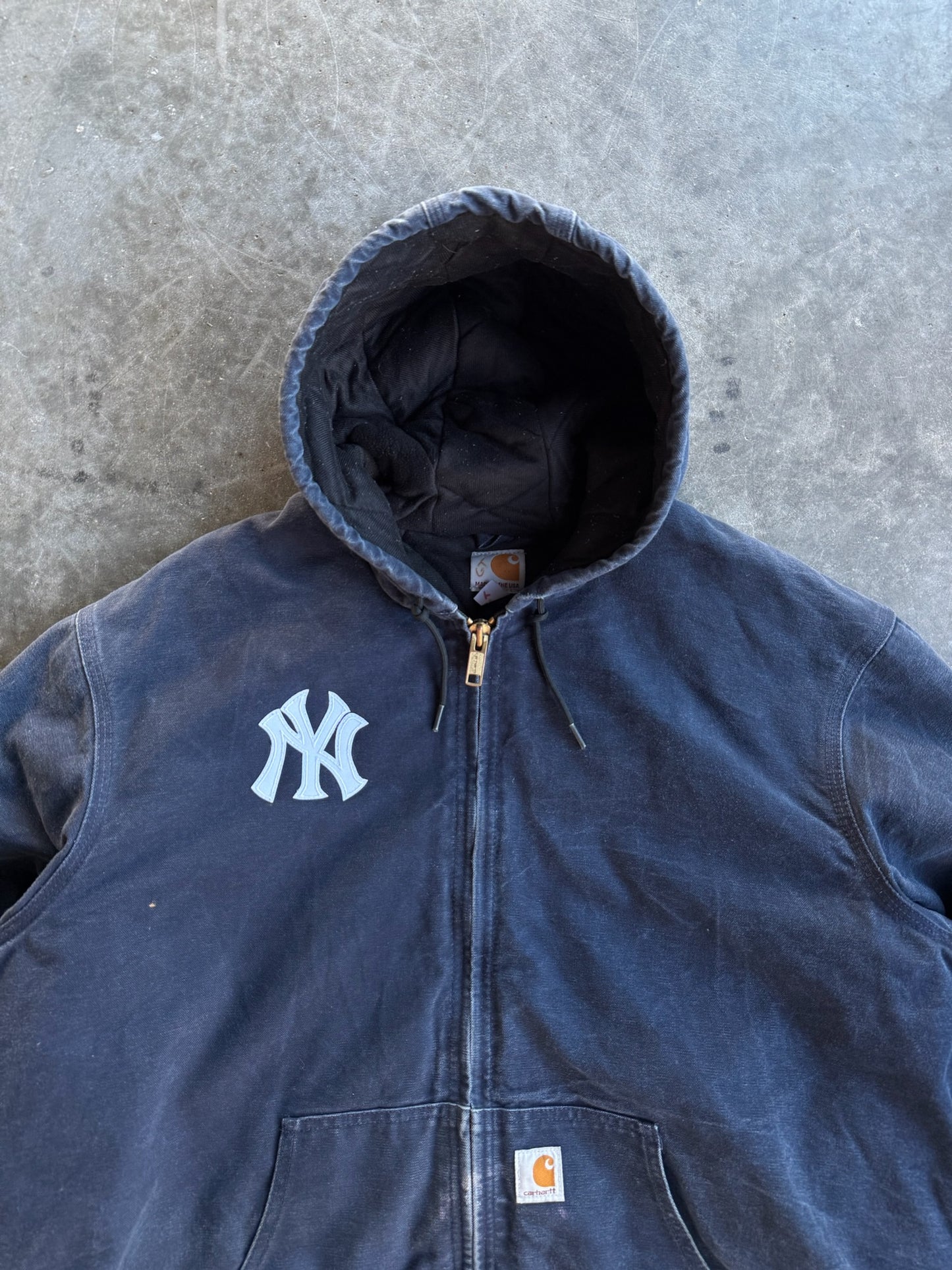 Vintage Dark Navy Distressed Hooded Yankees Jacket - XL