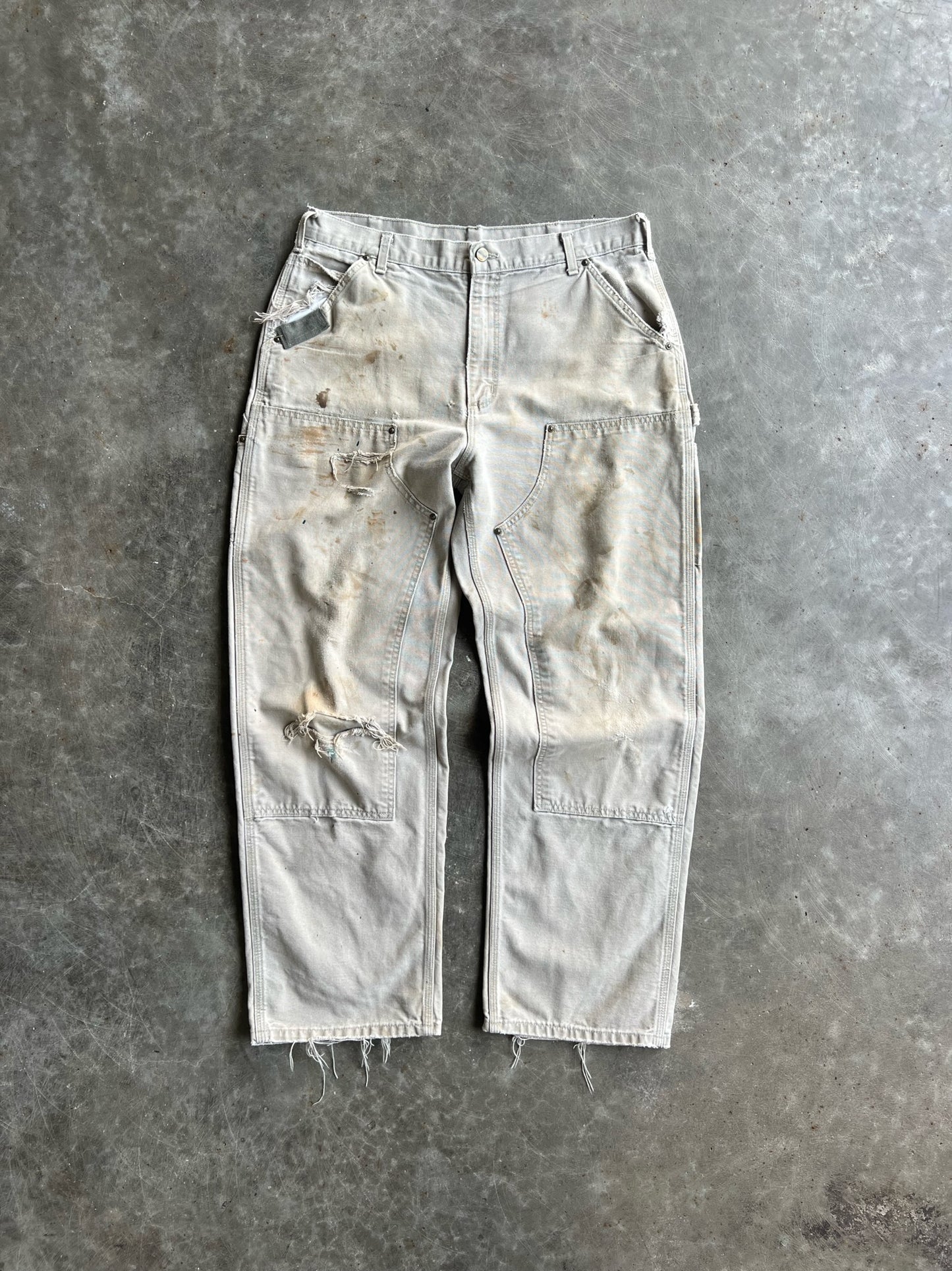 Vintage Cream Painted Distressed Carhartt Double Knee Pants - 36