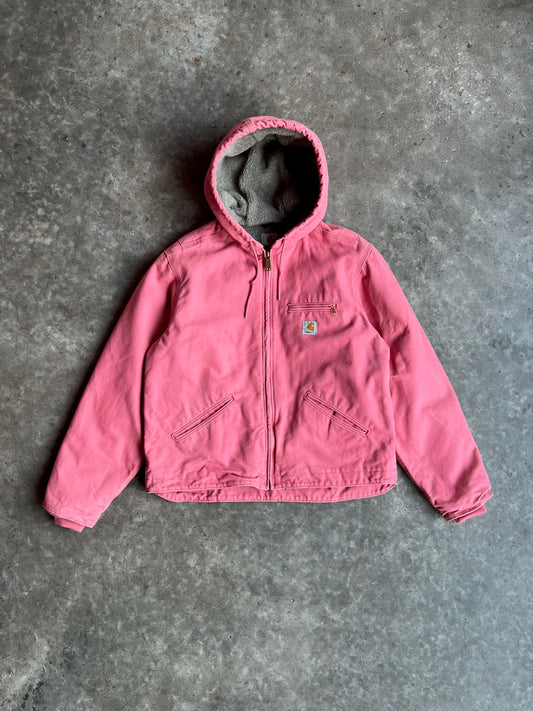 Faded Hot Pink Hooded Carhartt Jacket - L