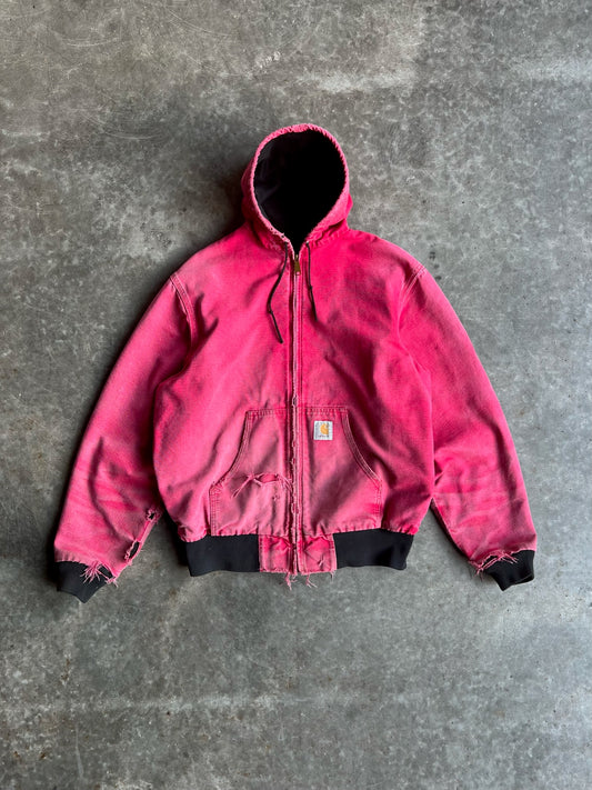 Distressed Hot Pink Hooded Carhartt Jacket - L