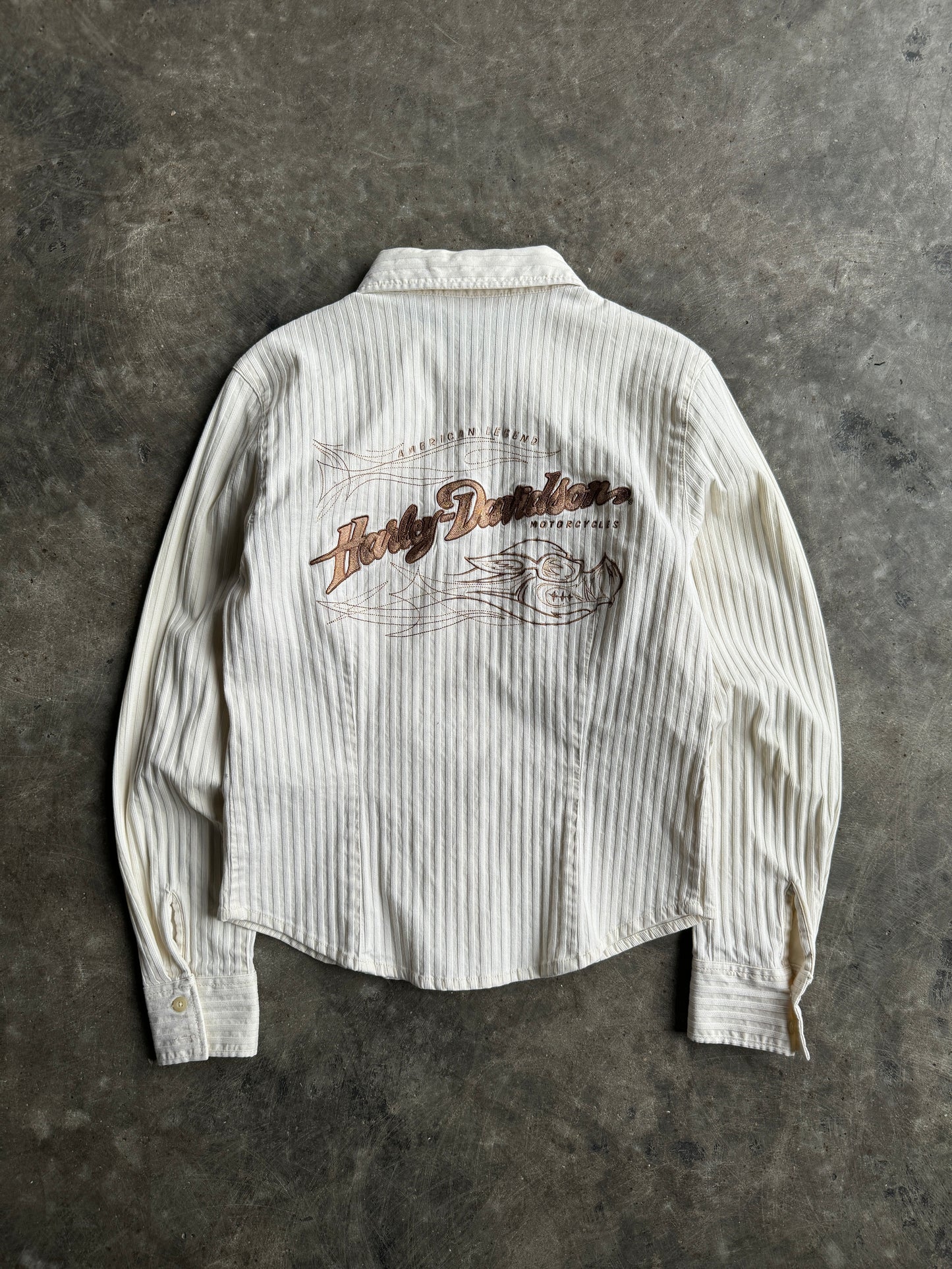 Vintage Cream Striped Harley Davidson Button-Up Long Sleeve Shirt - M