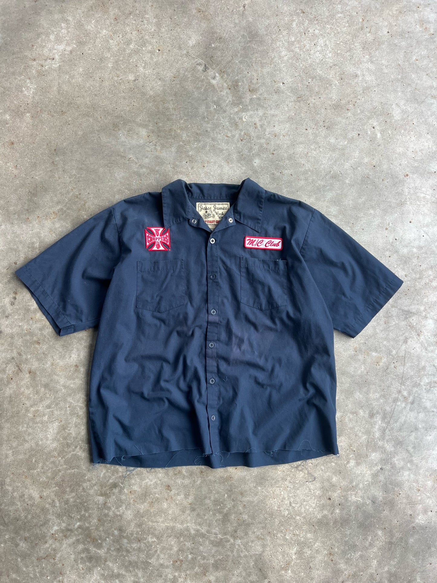 Vintage Navy Cropped West Coast Choppers Button Up Shirt - XL