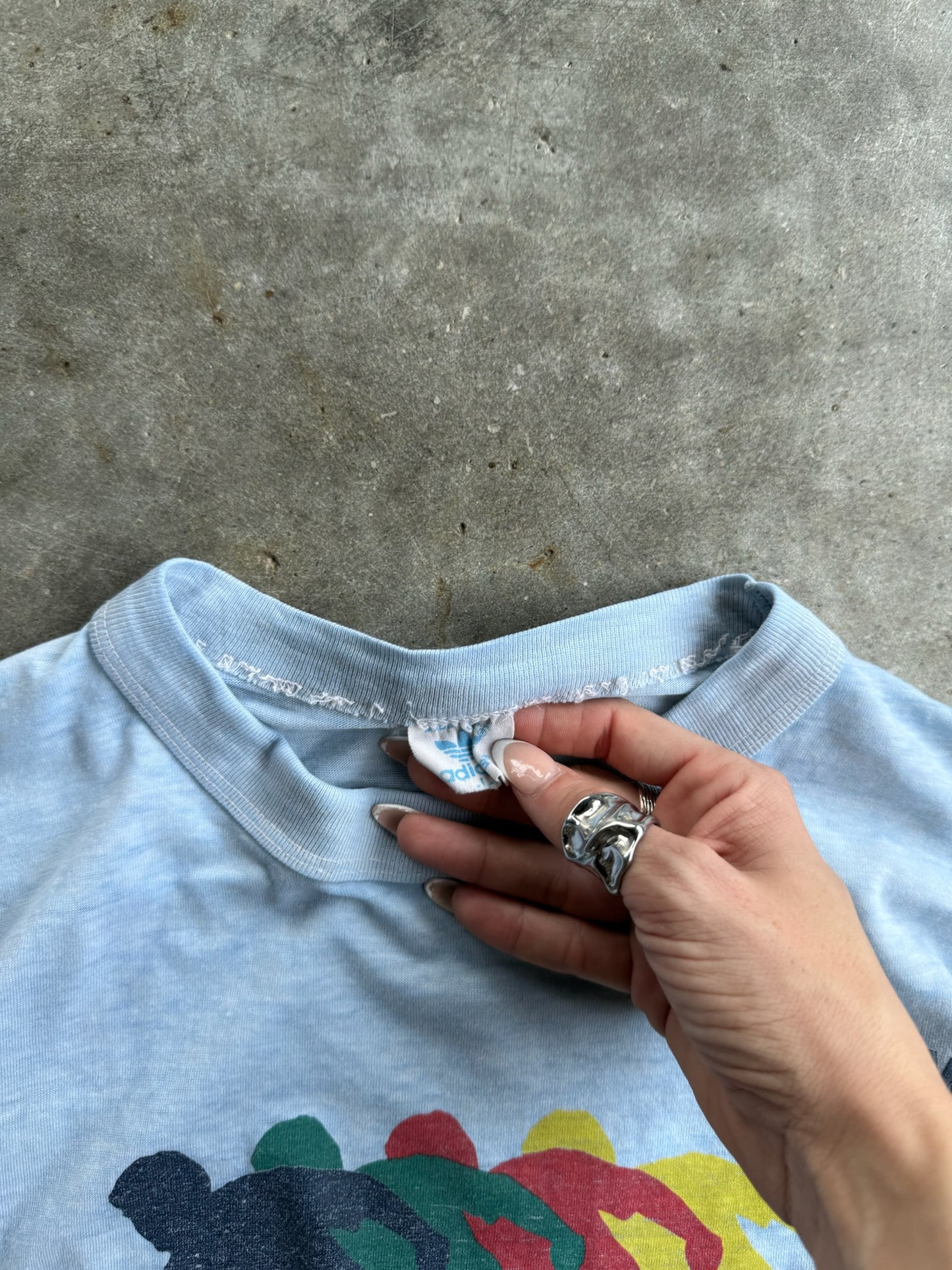 True Vintage Single Stitch Blue Adidas Graphic Faded Tee - L