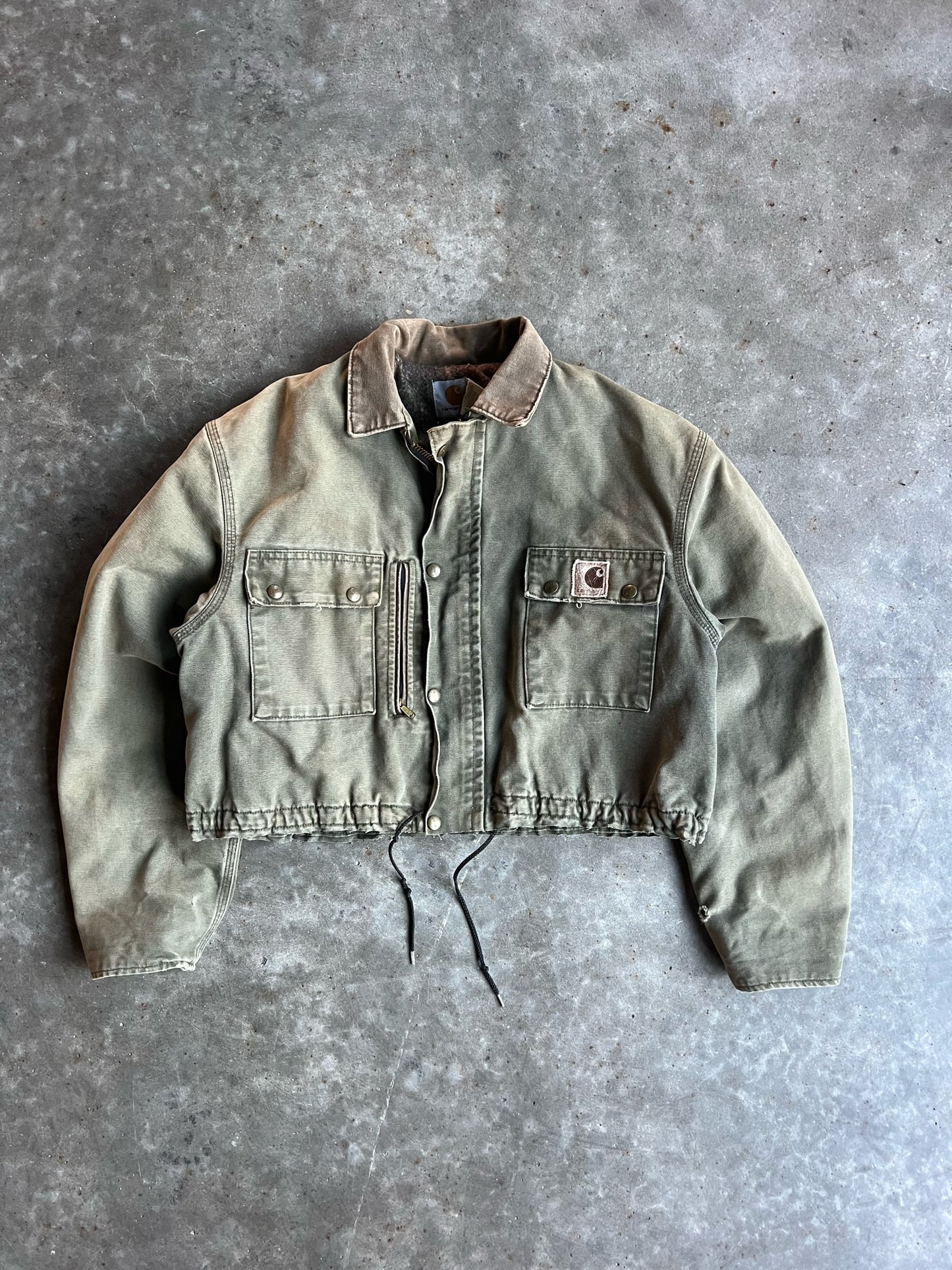 Vintage Faded Olive Green Flannel Lined Cropped Carhartt Jacket - M