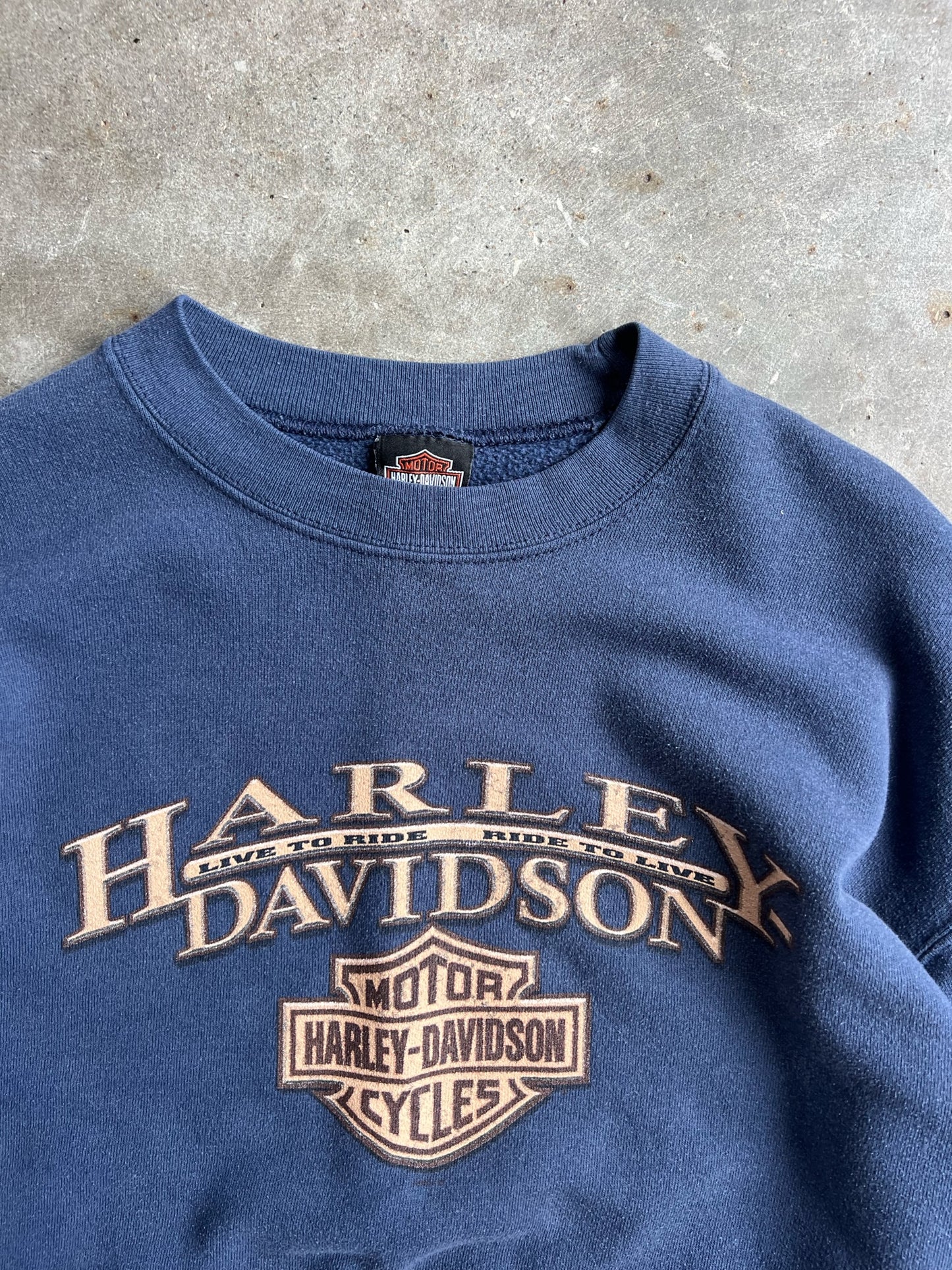 Vintage Navy Live To Ride Ride To Live Harley Davidson Crew - L