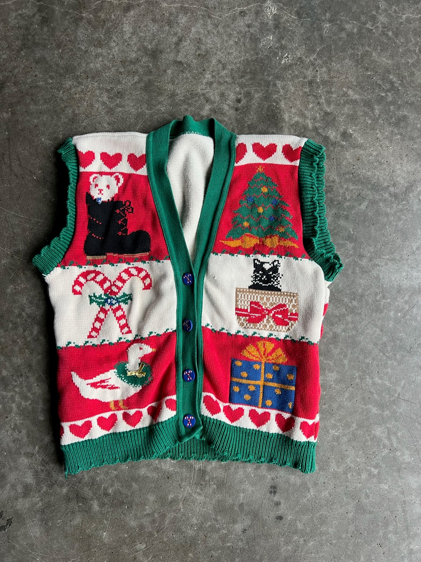 Vintage Christmas Pattern Button Up Sweater Vest - L