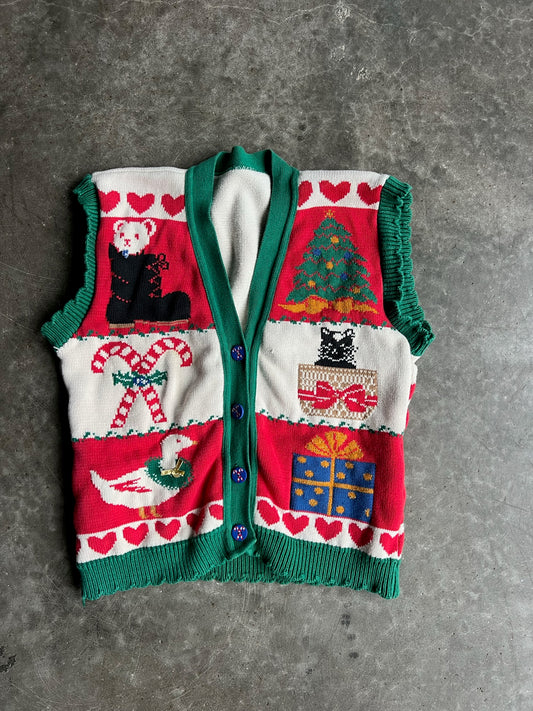 Vintage Christmas Pattern Button Up Sweater Vest - L