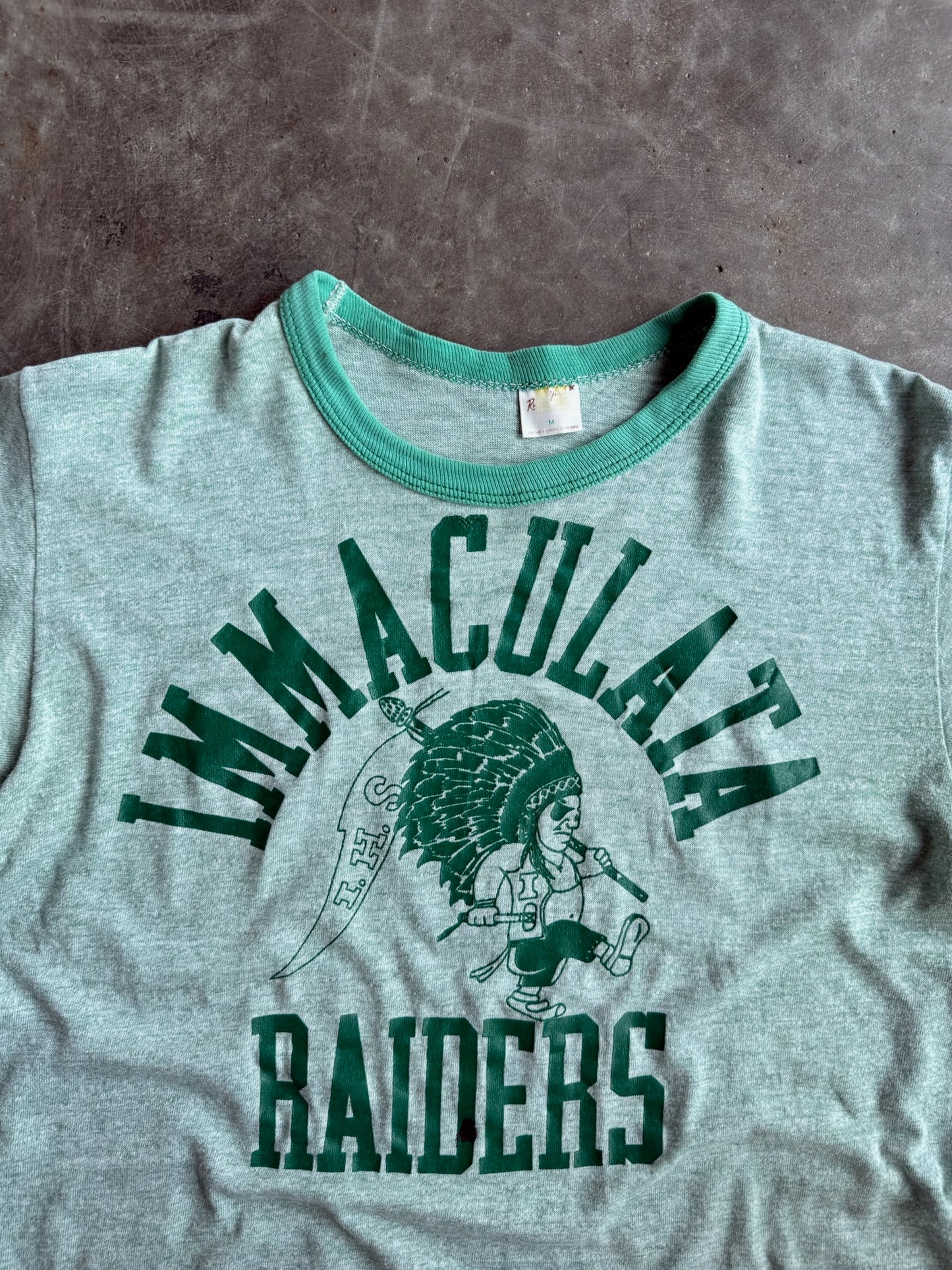 True Vintage Single Stitch Green Immaculata Raiders Distressed Tee - M