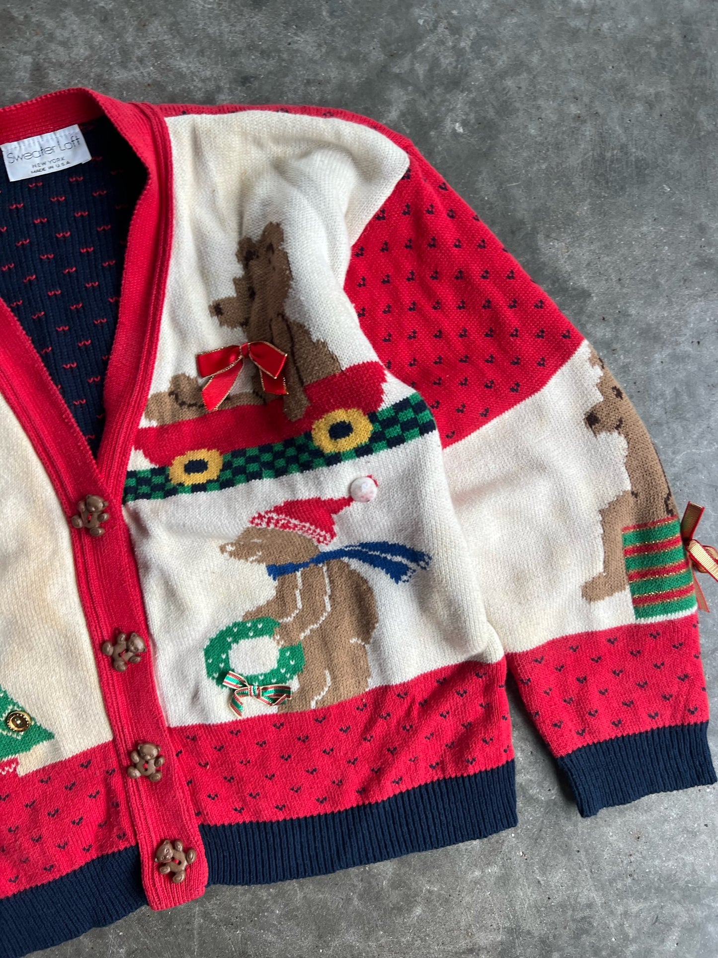 Vintage Bear Christmas Cardigan Sweater - S