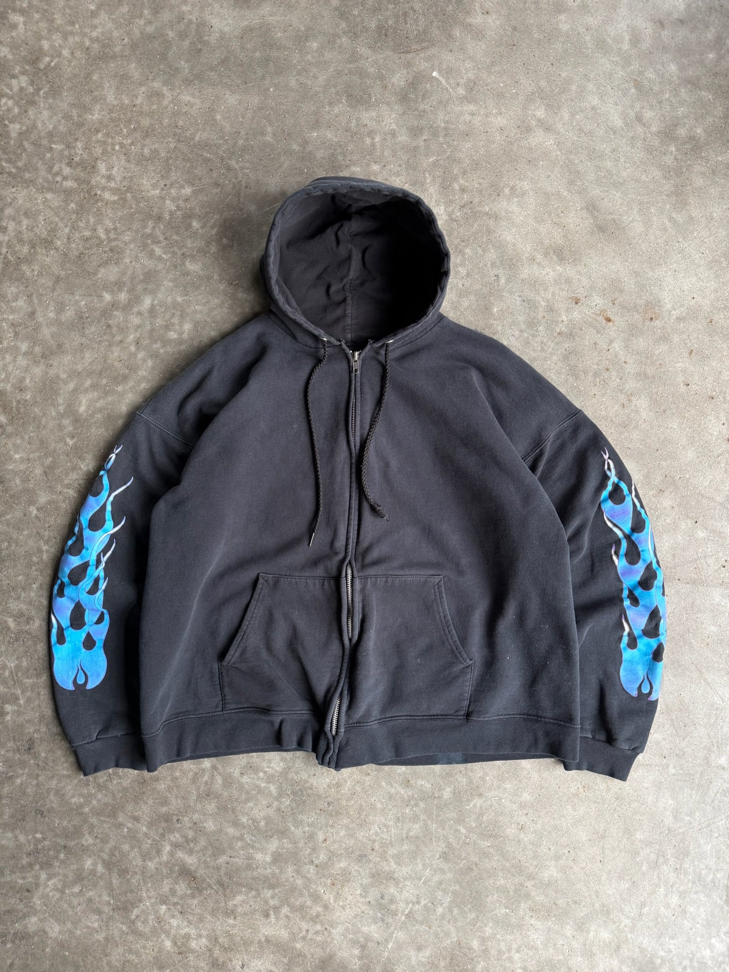 Vintage Black Blue Flame Zip Up Hoodie - L