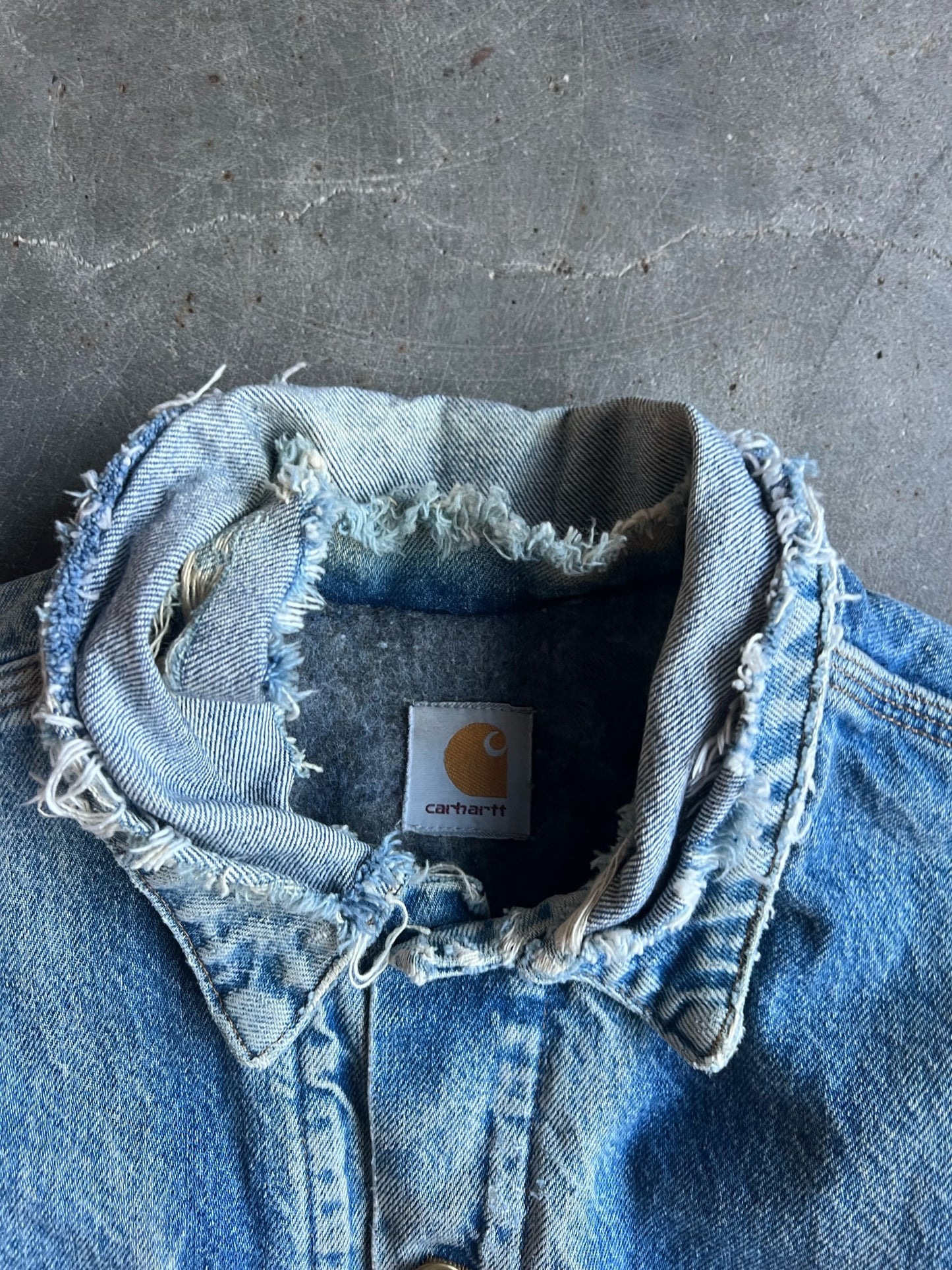 Vintage Distressed Blue Denim Flannel Lined Button Down Carhartt Jacket - XL