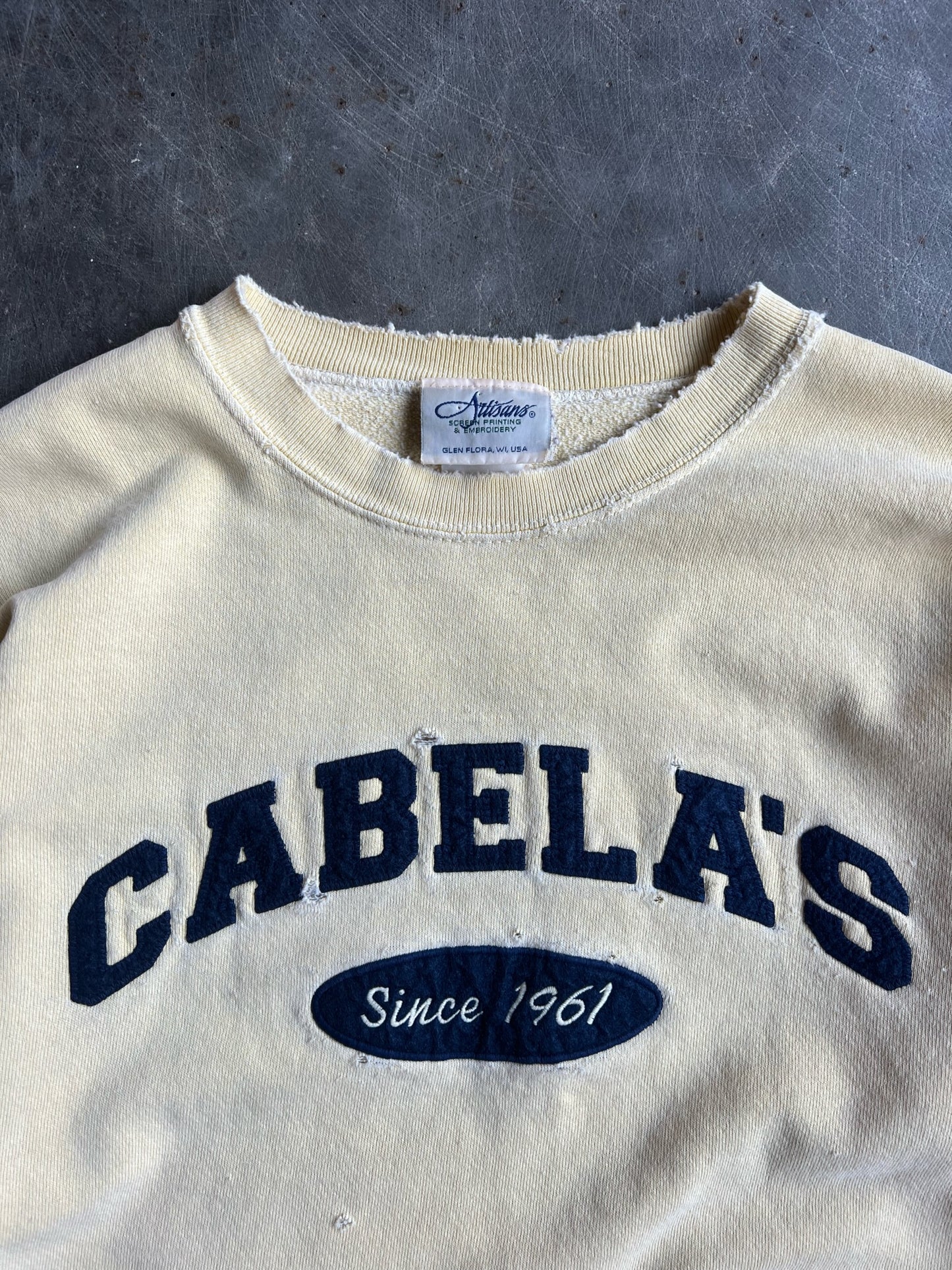 Vintage Baby Yellow Distressed Cabela's Crew - L