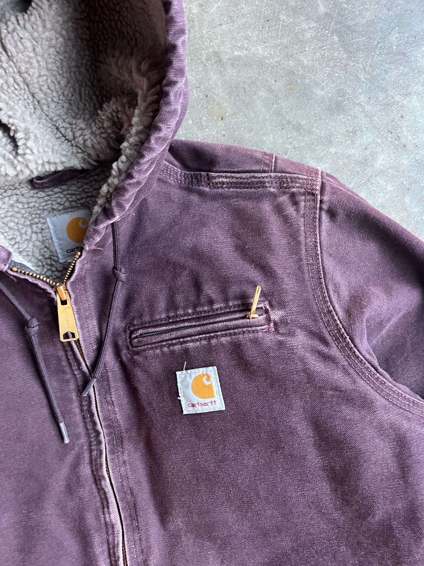 Vintage Faded Plum Sherpa Lined Hooded Carhartt Jacket - S