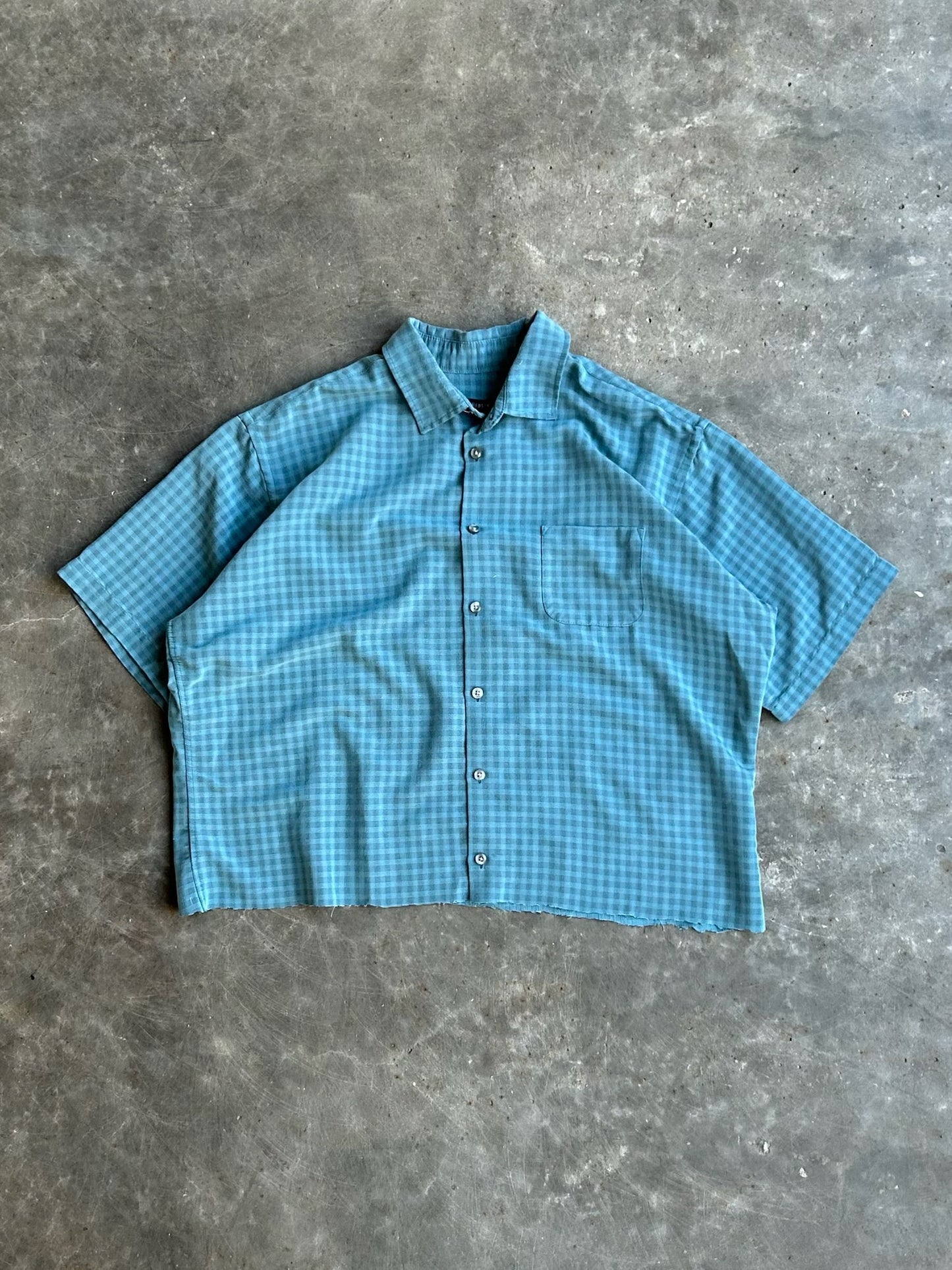 Vintage Blue Plaid Cropped Button Up - XL