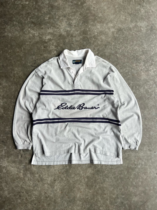 Vintage Grey Embroidered Eddie Bauer Polo Long Sleeve - XL