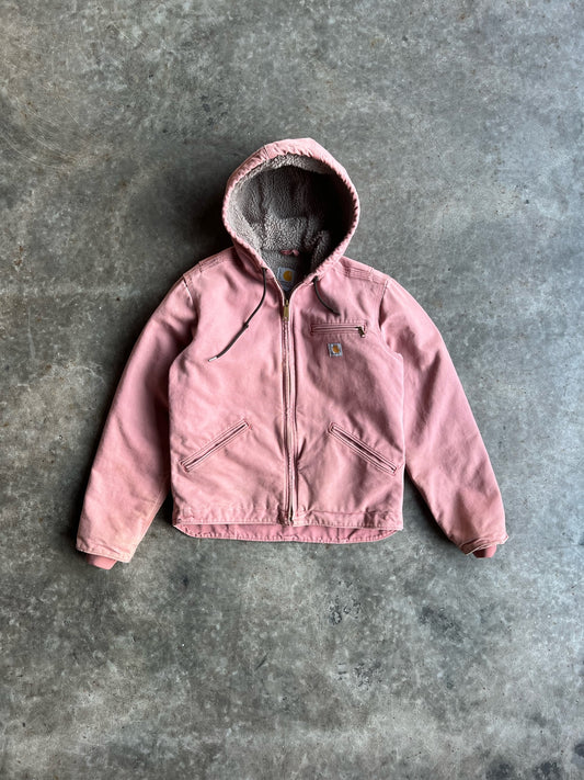 Faded Baby Pink Sherpa Lined Hooded Carhartt Jacket - XS