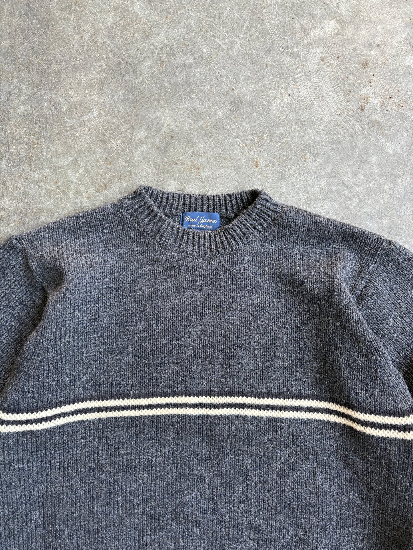 Vintage Charcoal Grey Stripe Paul James Knit Sweater - L