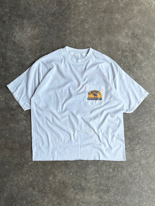 Vintage White Cropped Camel Motorsports Shirt - XL