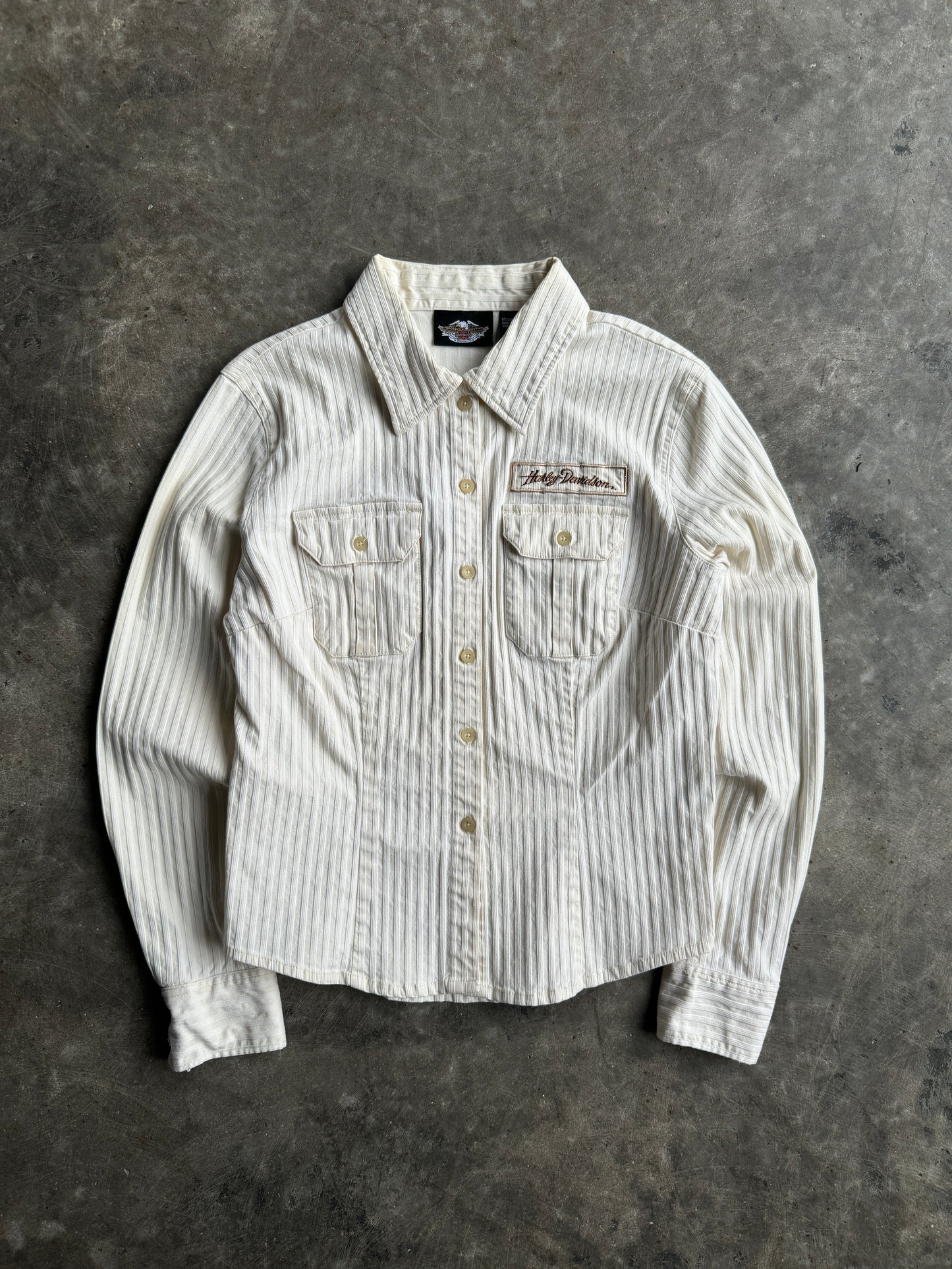 Vintage Cream Striped Harley Davidson Button-Up Long Sleeve Shirt - M